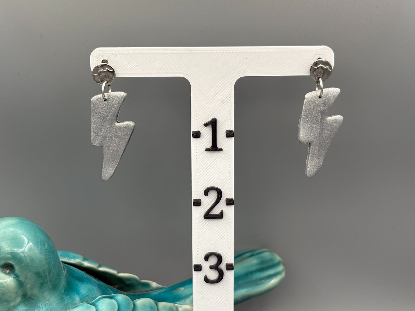 Silver Lightning Bolt Dangle Earrings - handcrafted polymer clay earrings by Lakeside Clay