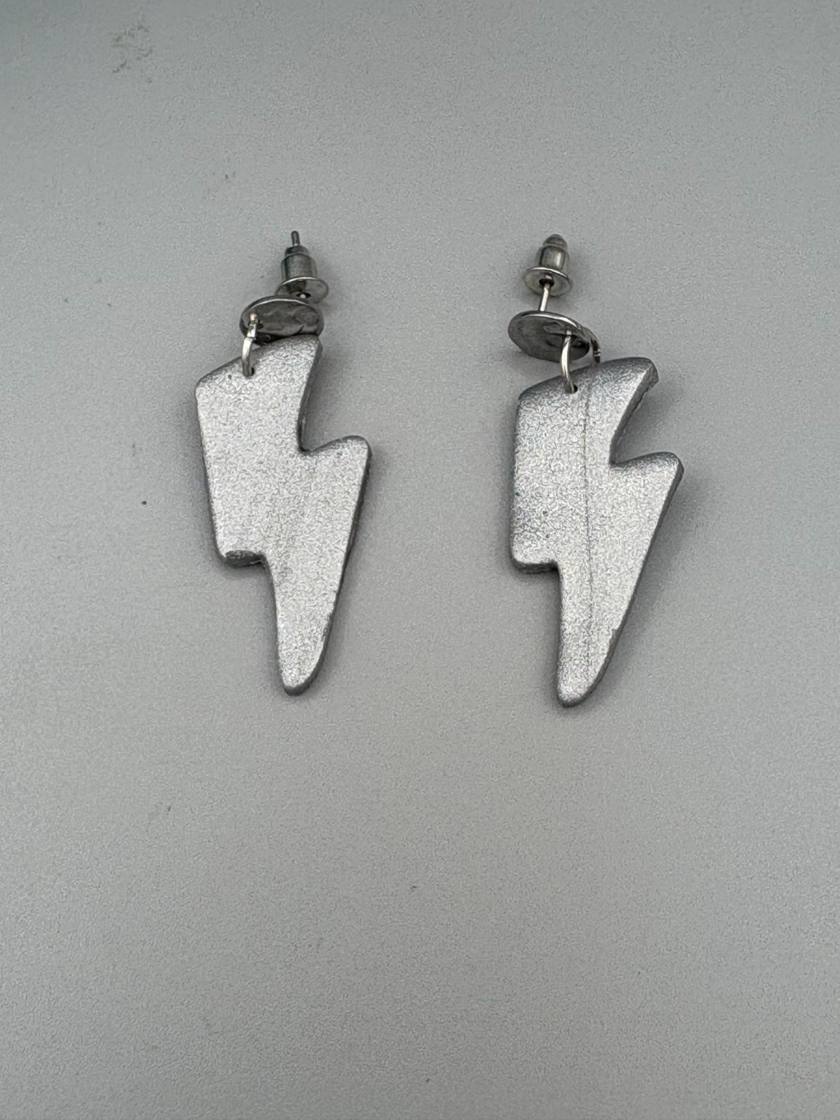 Silver Lightning Bolt Dangle Earrings - handcrafted polymer clay earrings by Lakeside Clay