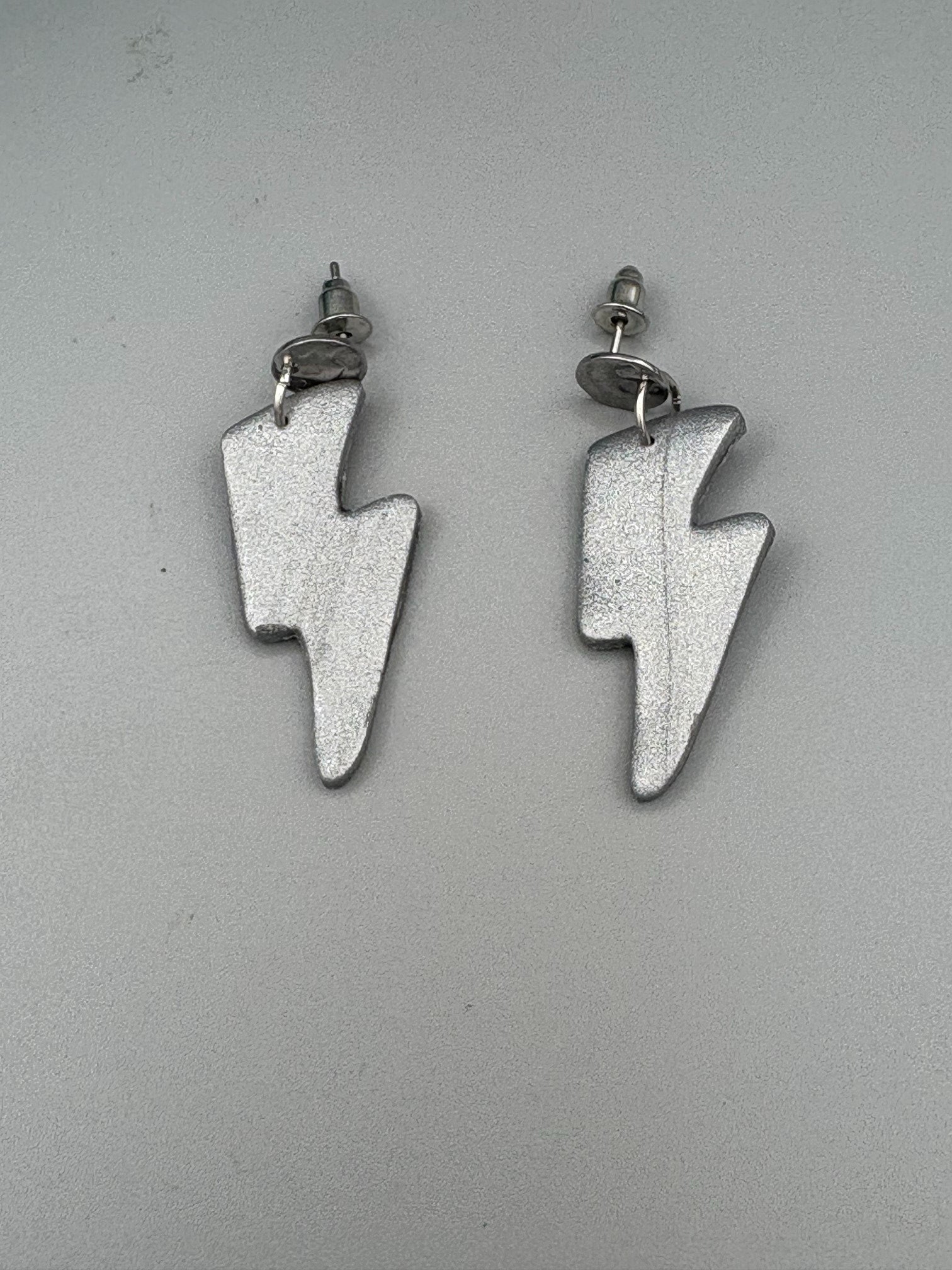 Silver Lightning Bolt Dangle Earrings - handcrafted polymer clay earrings by Lakeside Clay