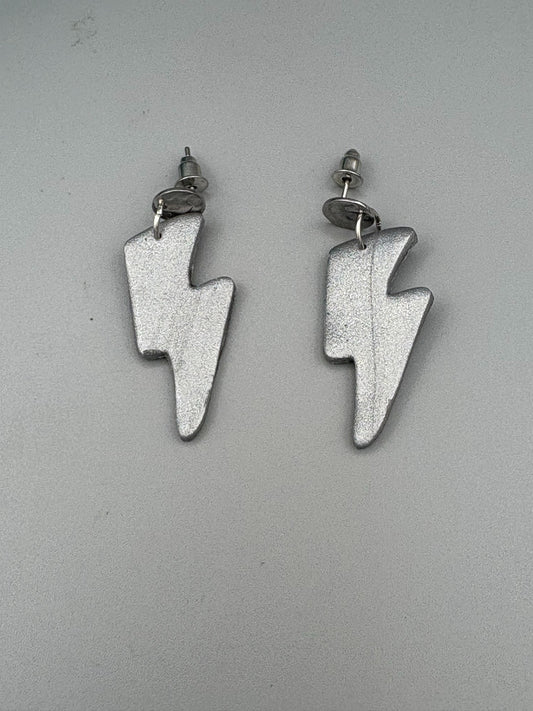 Silver Lightning Bolt Dangle Earrings - handcrafted polymer clay earrings by Lakeside Clay