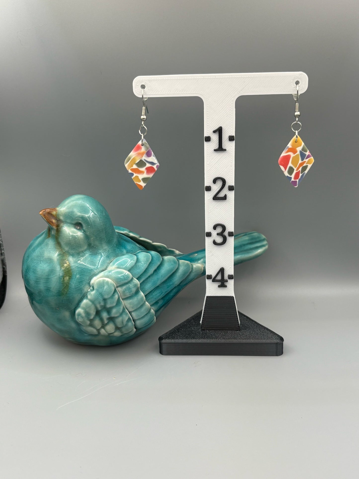 Rainbow Mosaic Diamond Dangle Earrings - handcrafted polymer clay earrings by Lakeside Clay