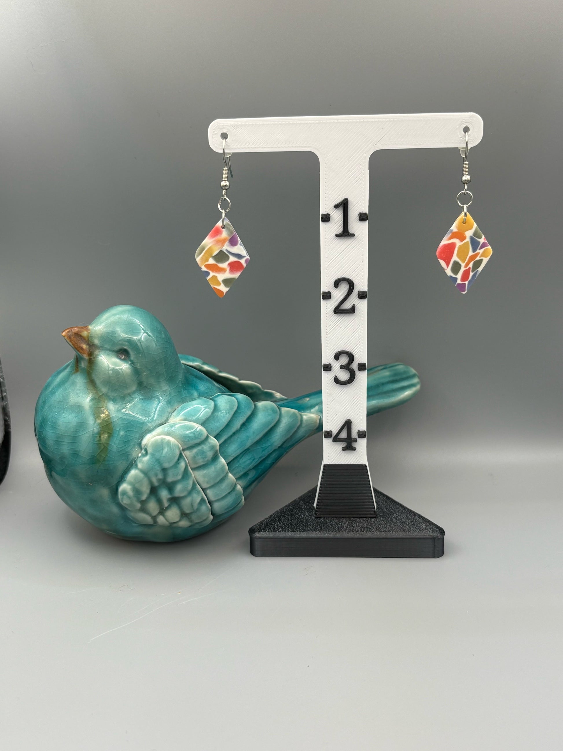 Rainbow Mosaic Diamond Dangle Earrings - handcrafted polymer clay earrings by Lakeside Clay