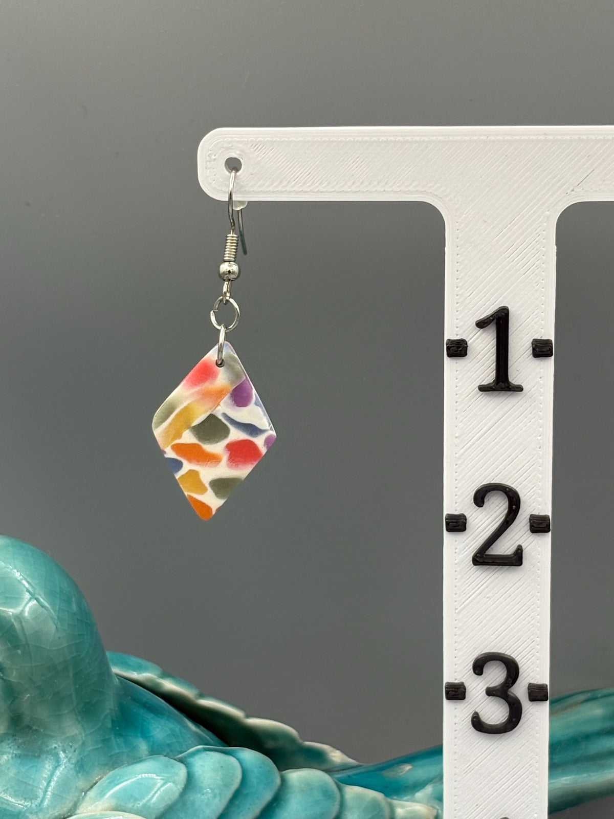 Rainbow Mosaic Diamond Dangle Earrings - handcrafted polymer clay earrings by Lakeside Clay