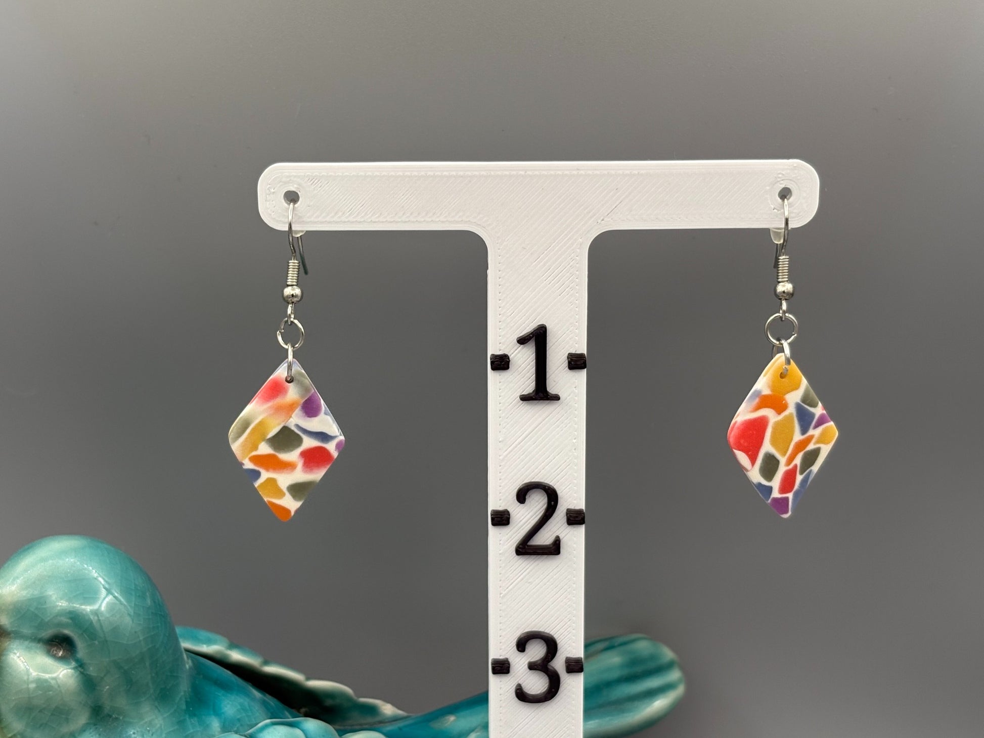 Rainbow Mosaic Diamond Dangle Earrings - handcrafted polymer clay earrings by Lakeside Clay
