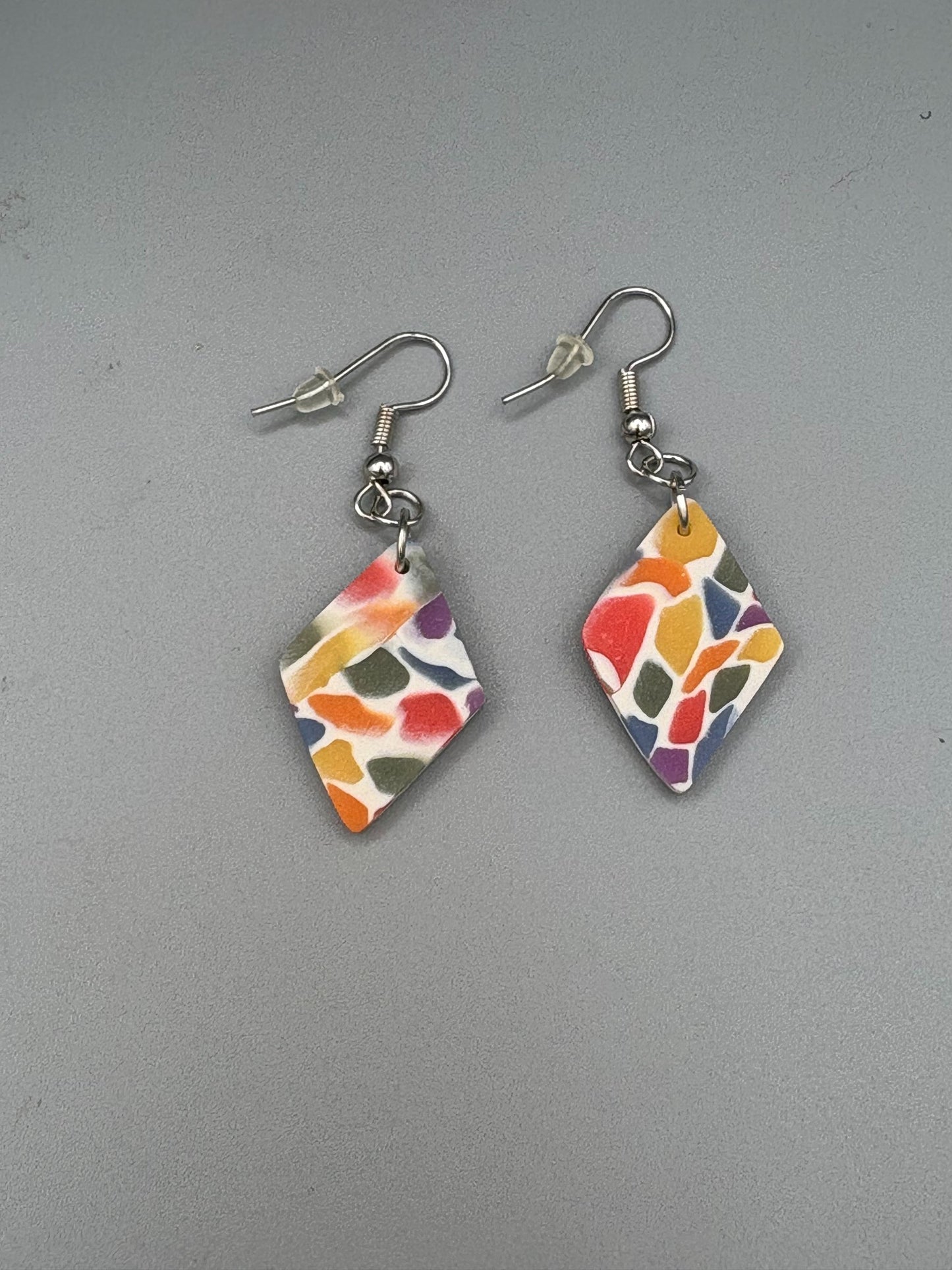 Rainbow Mosaic Diamond Dangle Earrings - handcrafted polymer clay earrings by Lakeside Clay