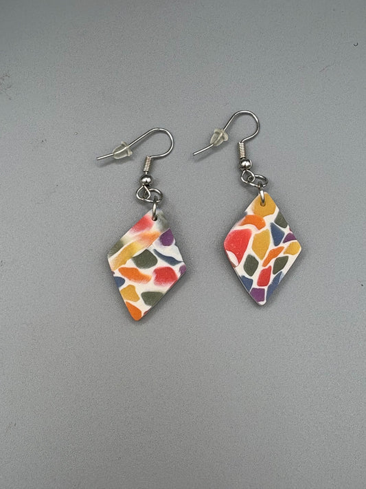 Rainbow Mosaic Diamond Dangle Earrings - handcrafted polymer clay earrings by Lakeside Clay