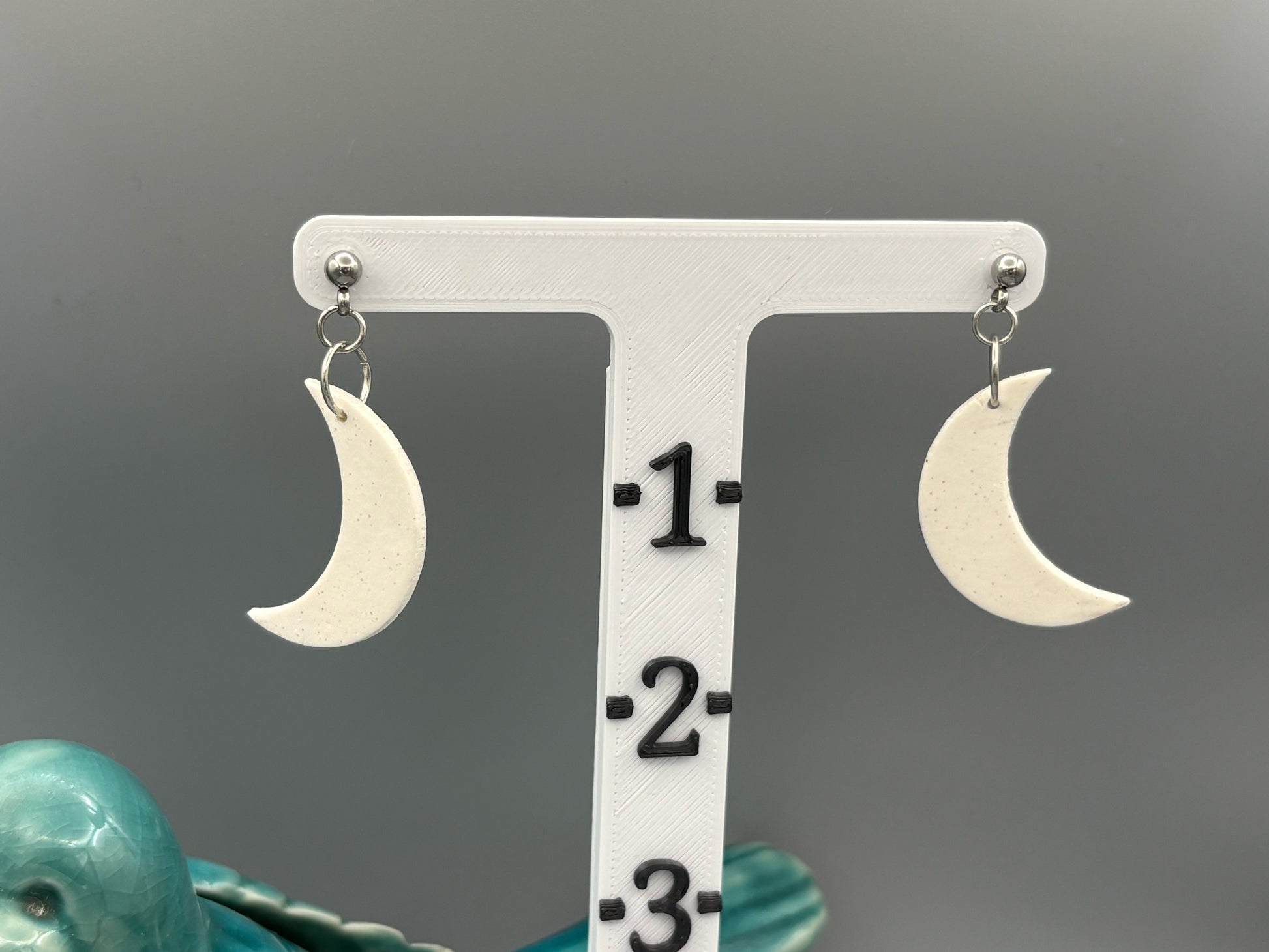 Sparkly White Moon Dangle Earrings - handcrafted polymer clay earrings by Lakeside Clay
