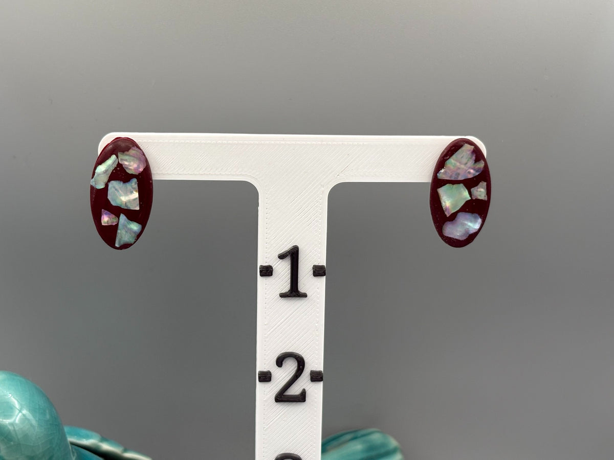 Dark Red Tidal Fragments Oval Stud Earrings