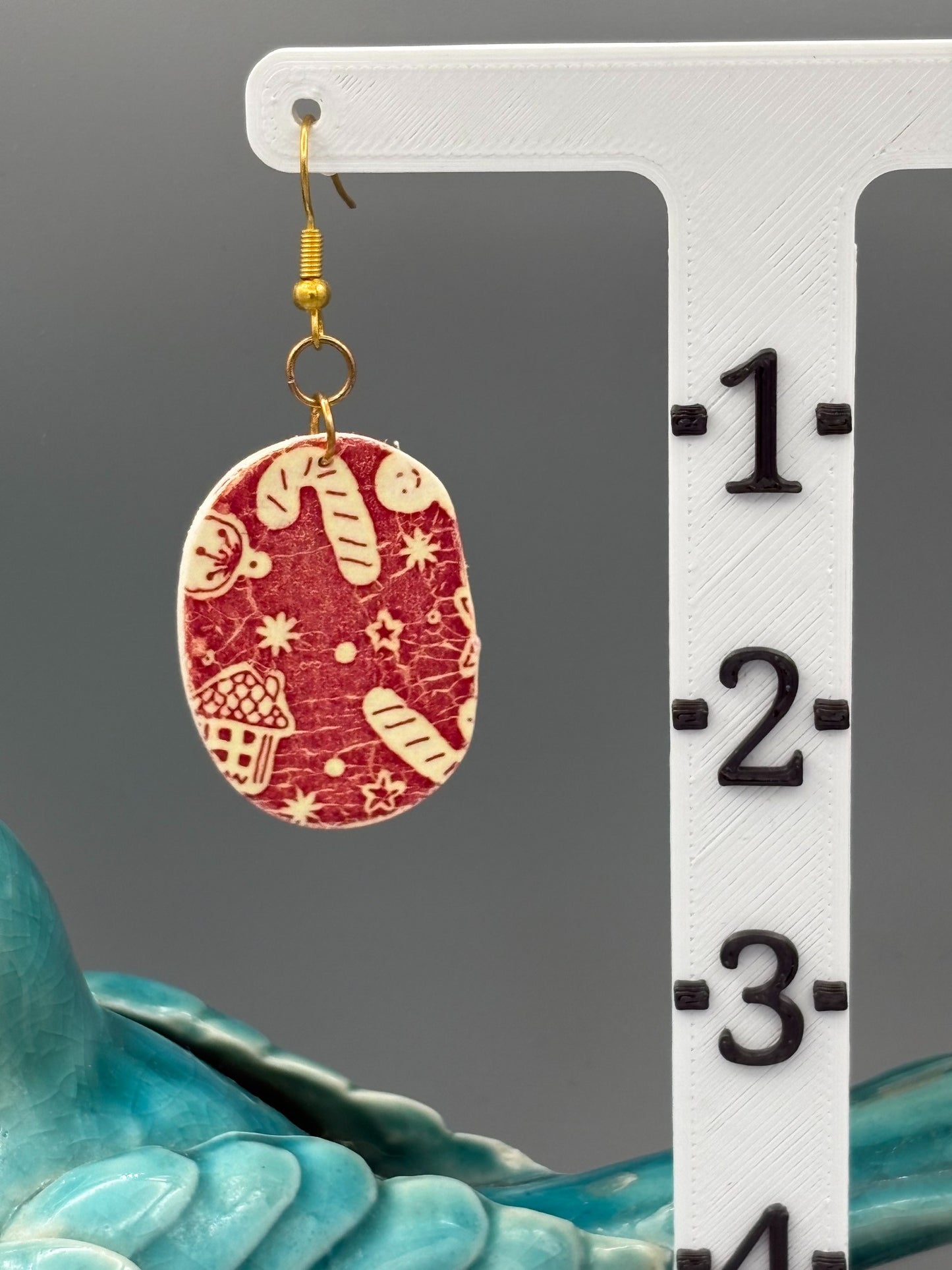 Red Christmas Pattern Oval Dangle Earrings - handcrafted polymer clay earrings by Lakeside Clay