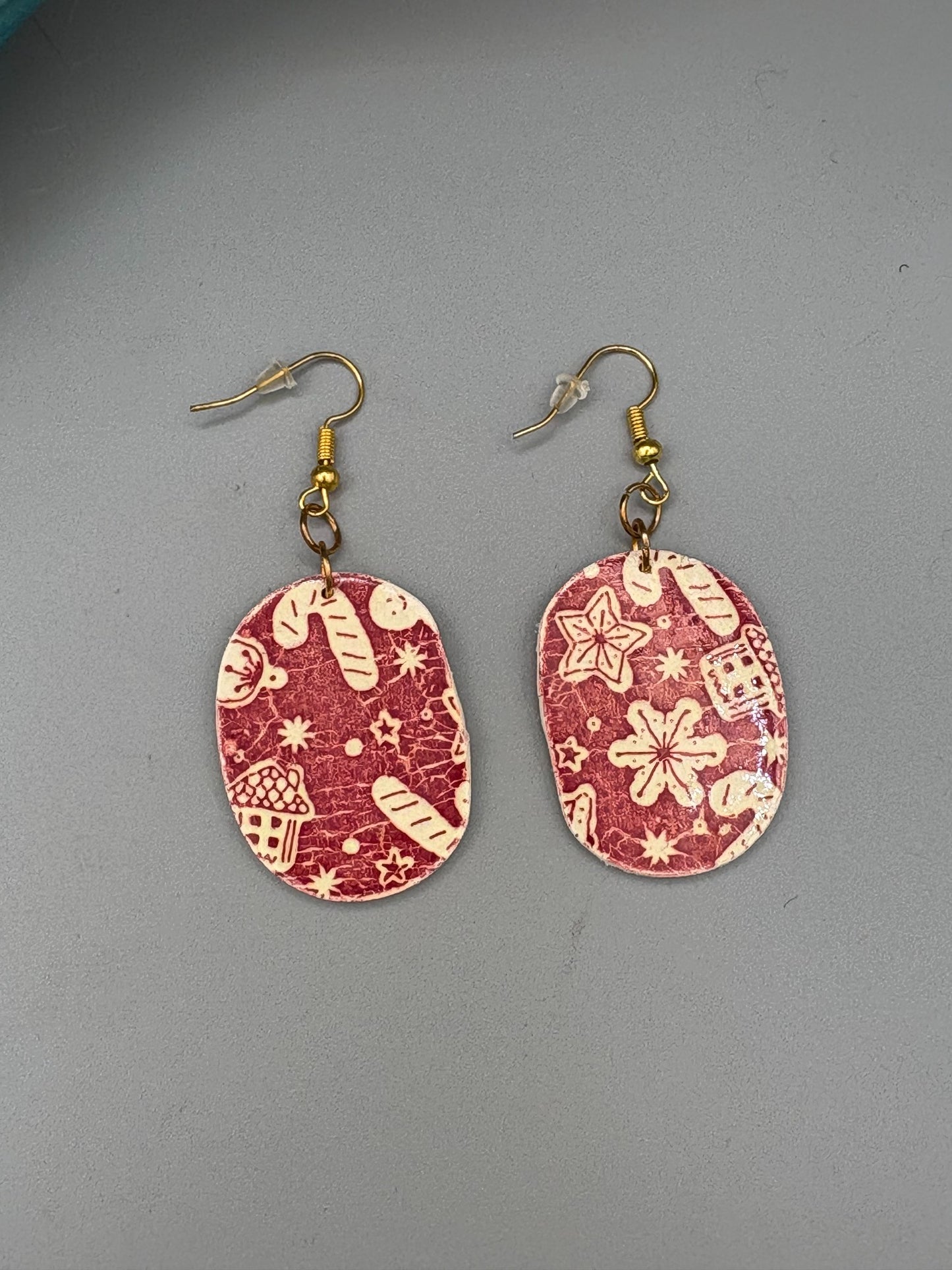 Red Christmas Pattern Oval Dangle Earrings - handcrafted polymer clay earrings by Lakeside Clay