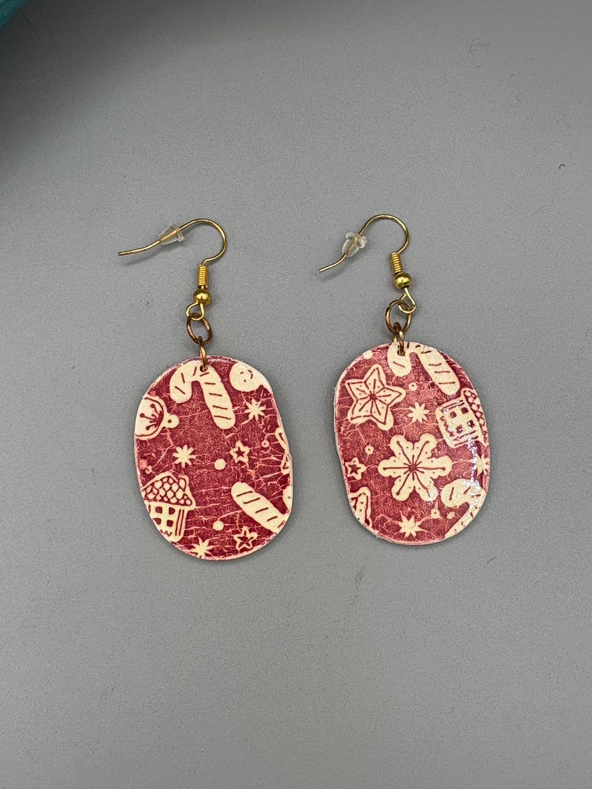 Red Christmas Pattern Oval Dangle Earrings - handcrafted polymer clay earrings by Lakeside Clay
