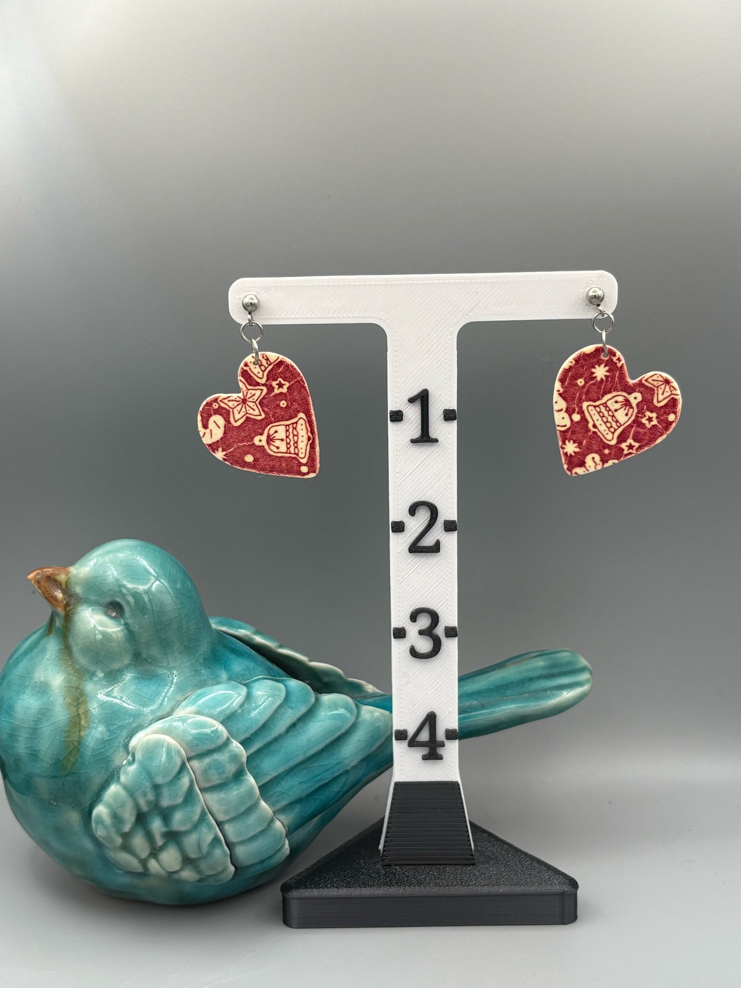 Red Christmas Pattern Heart Dangle Earrings - handcrafted polymer clay earrings by Lakeside Clay