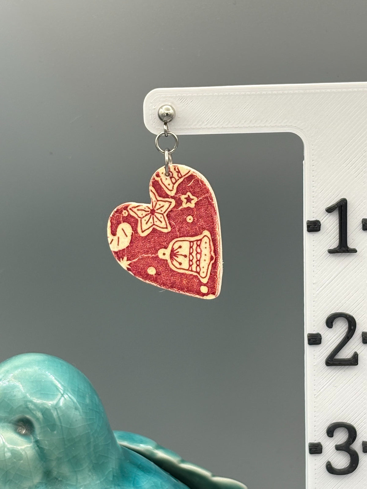 Red Christmas Pattern Heart Dangle Earrings - handcrafted polymer clay earrings by Lakeside Clay