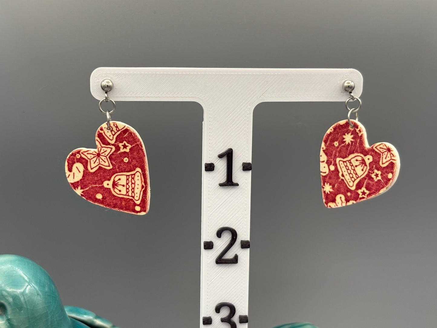 Red Christmas Pattern Heart Dangle Earrings - handcrafted polymer clay earrings by Lakeside Clay