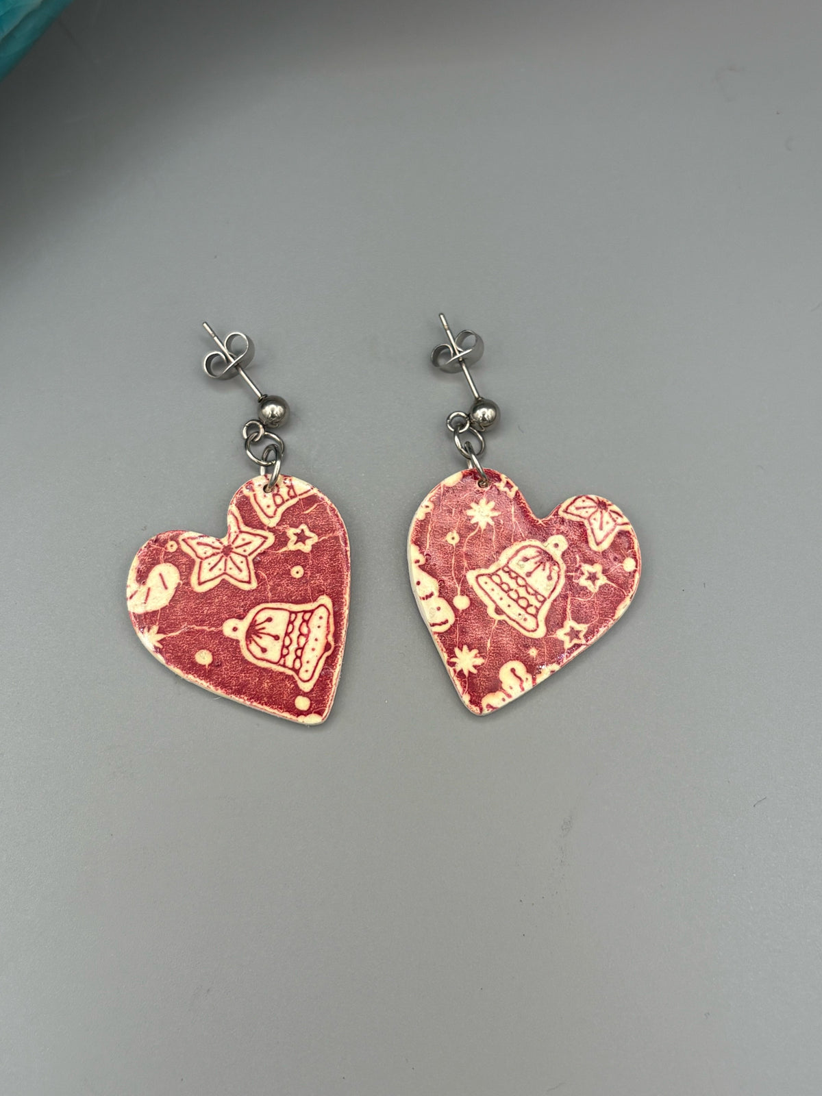 Red Christmas Pattern Heart Dangle Earrings - handcrafted polymer clay earrings by Lakeside Clay