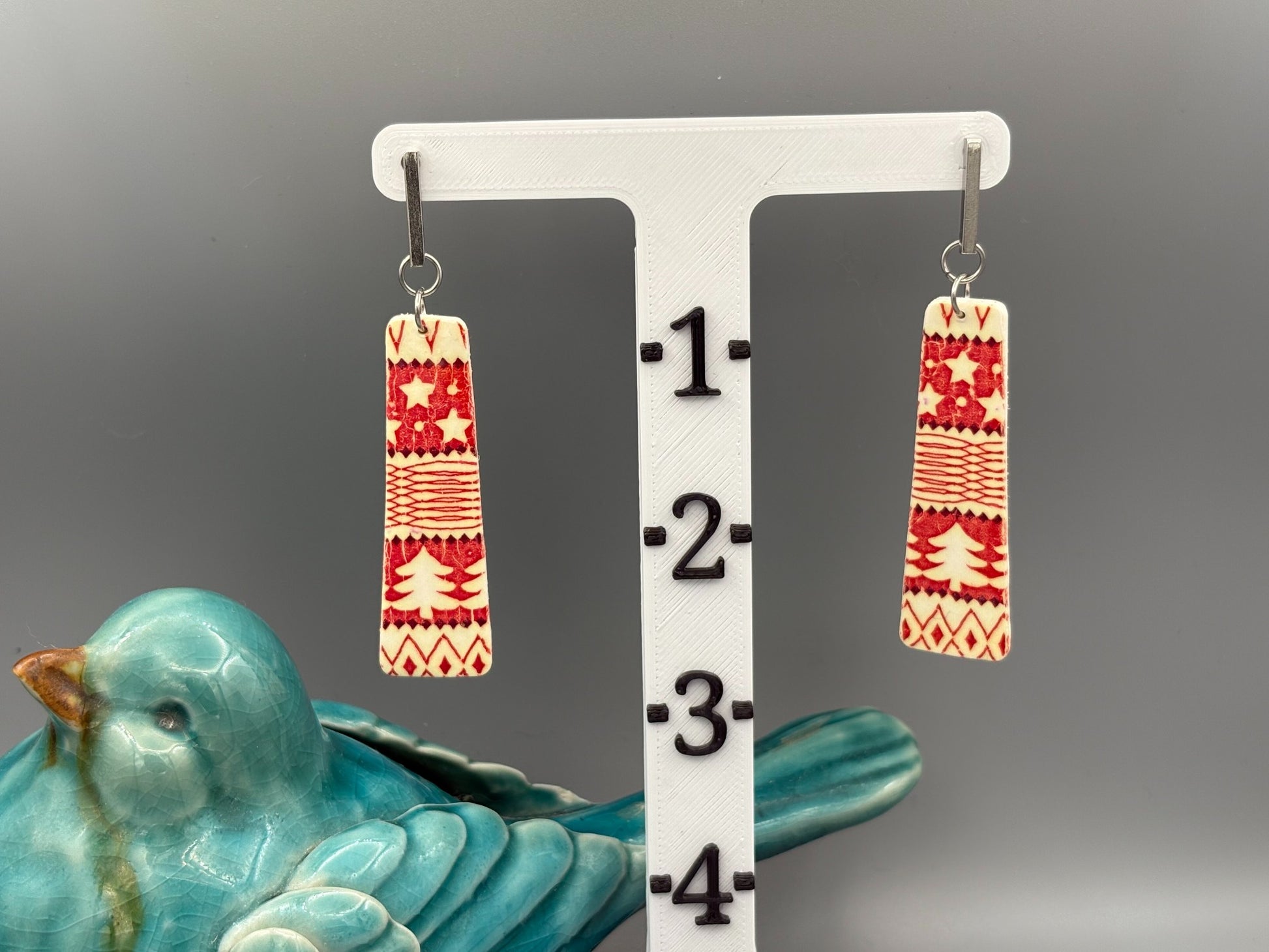 Holiday Pattern Bar Dangle Earrings - handcrafted polymer clay earrings by Lakeside Clay