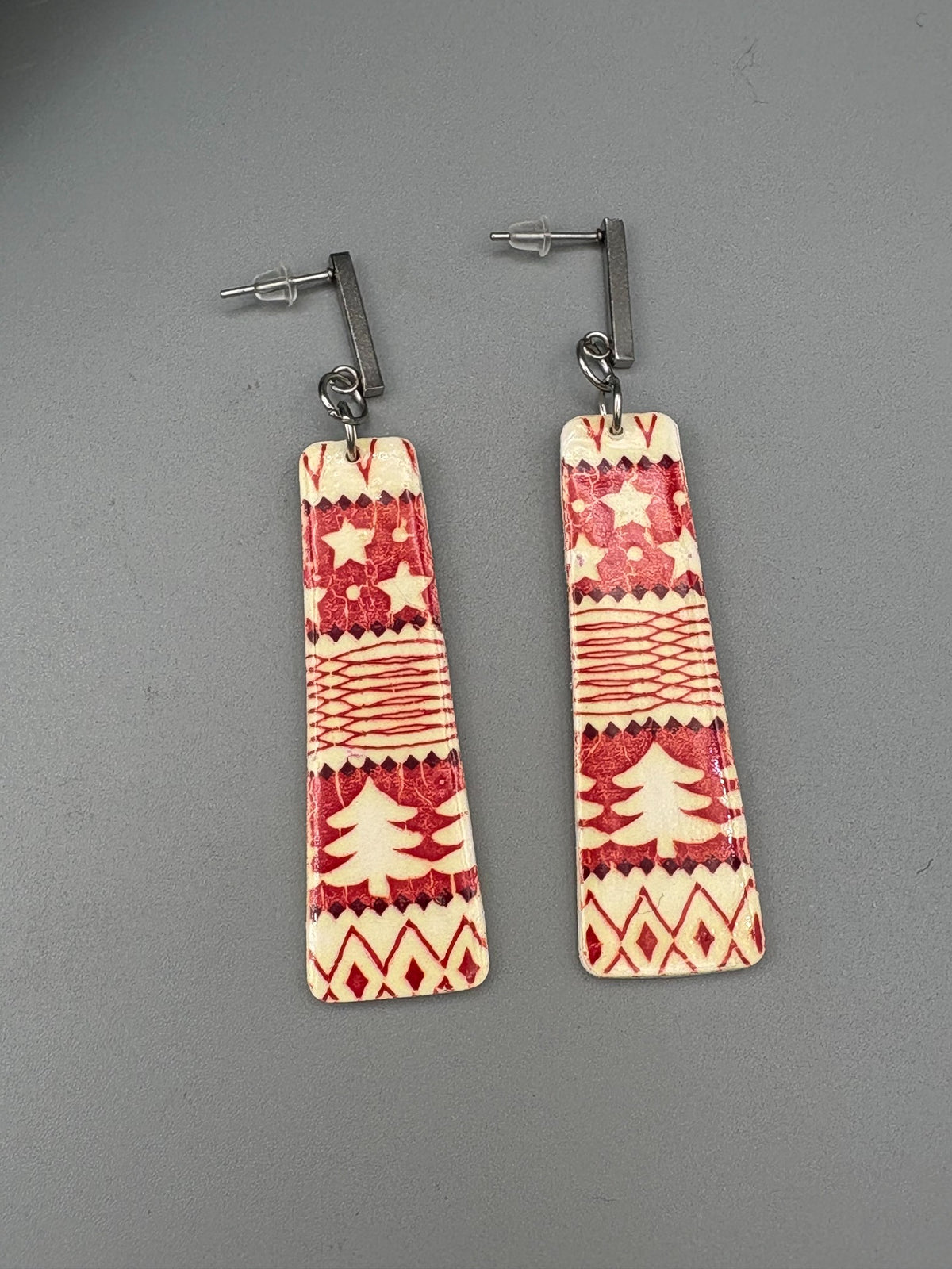 Holiday Pattern Bar Dangle Earrings - handcrafted polymer clay earrings by Lakeside Clay