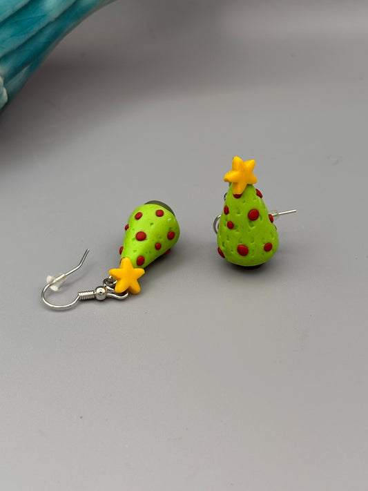 3D Christmas Tree Dangle Earrings - handcrafted polymer clay earrings by Lakeside Clay