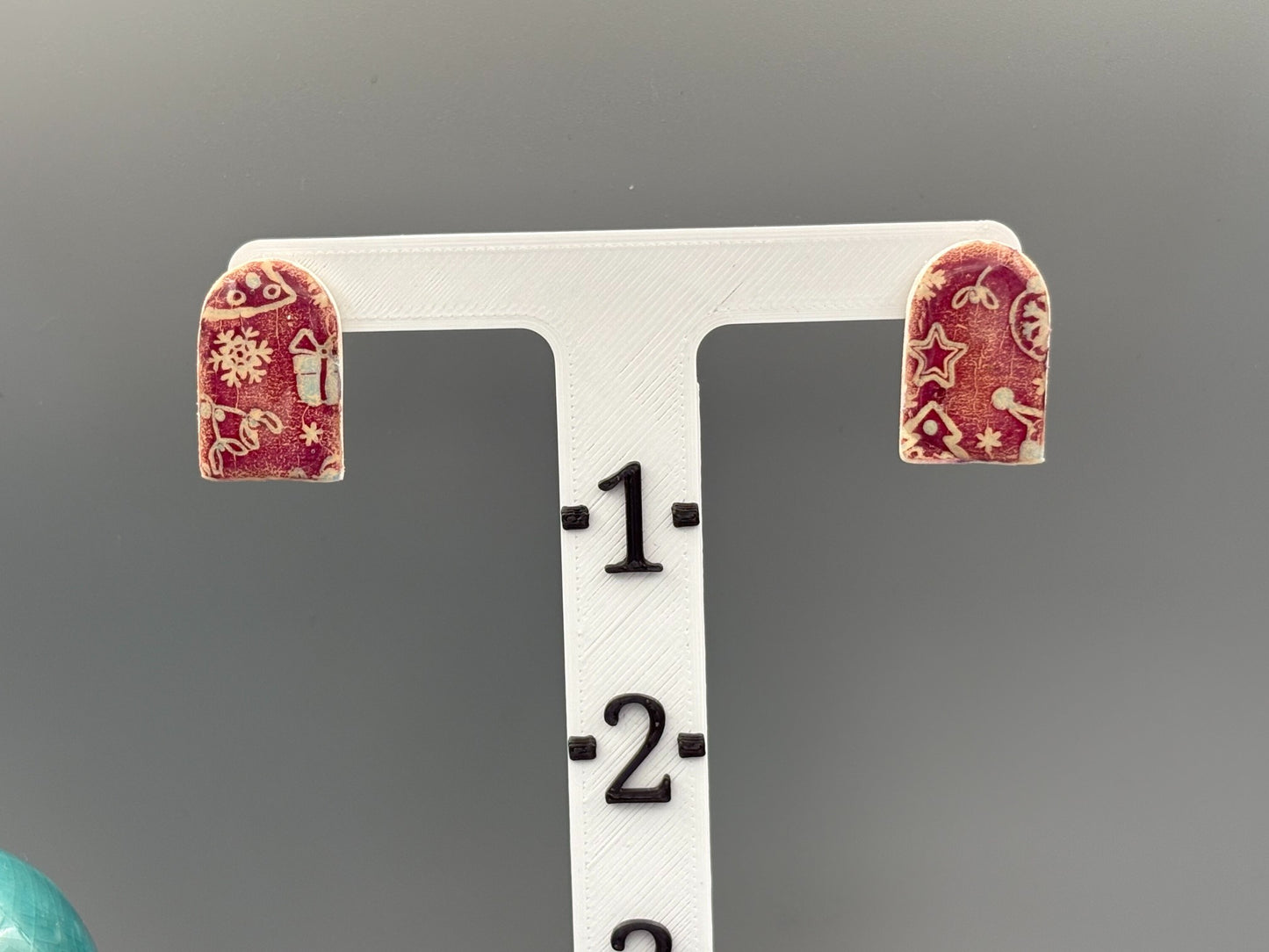 Red Christmas Pattern Arch Stud Earrings - handcrafted polymer clay earrings by Lakeside Clay