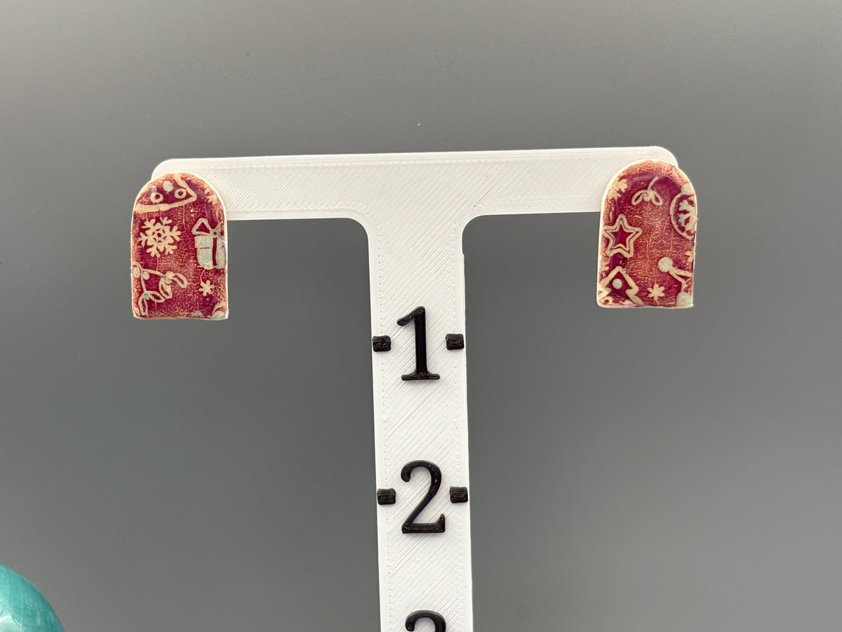 Red Christmas Pattern Arch Stud Earrings - handcrafted polymer clay earrings by Lakeside Clay