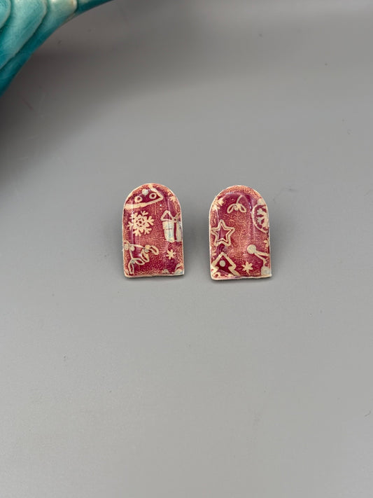 Red Christmas Pattern Arch Stud Earrings - handcrafted polymer clay earrings by Lakeside Clay