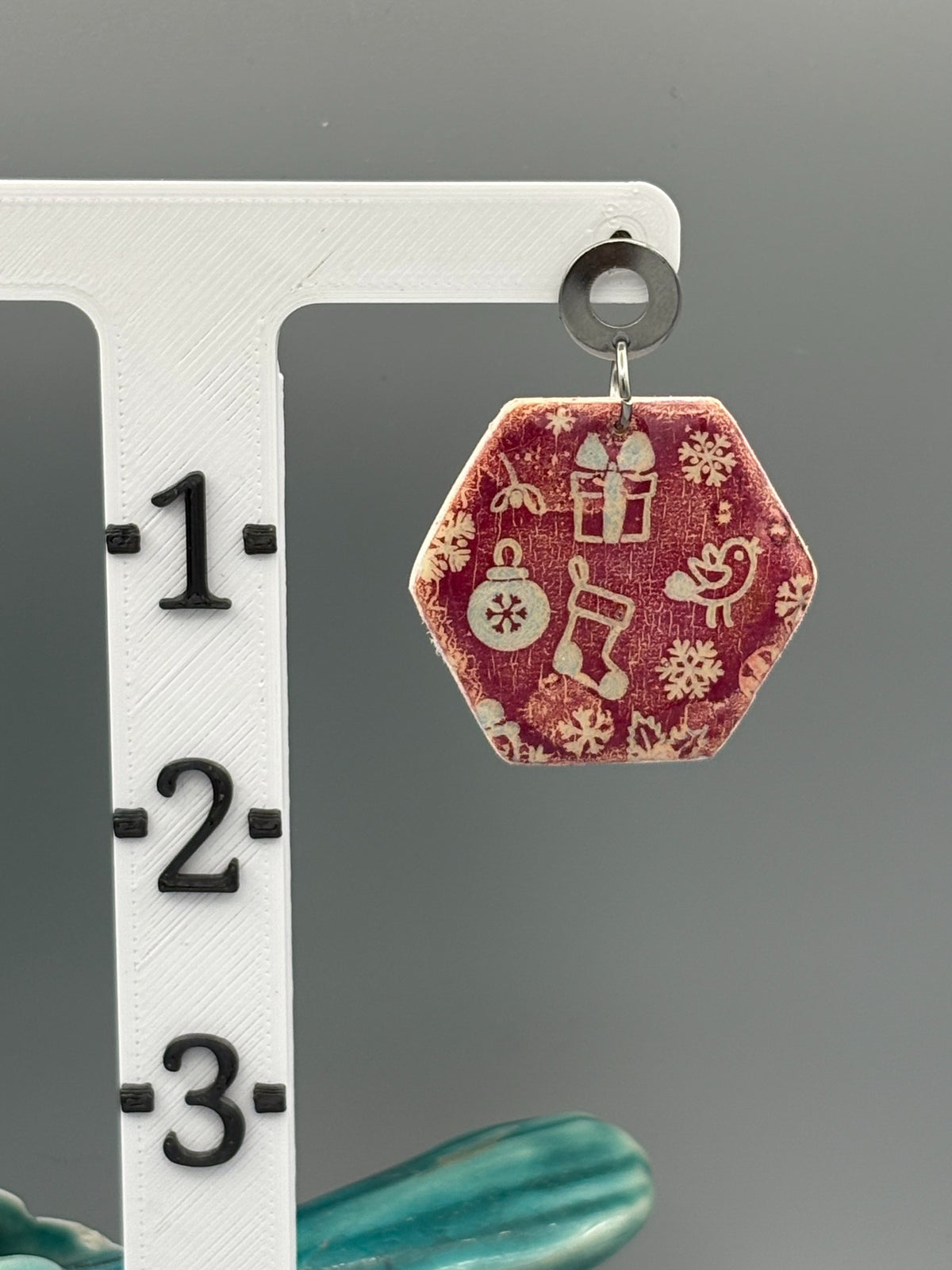Red Christmas Pattern Hexagon Dangle Earrings - handcrafted polymer clay earrings by Lakeside Clay