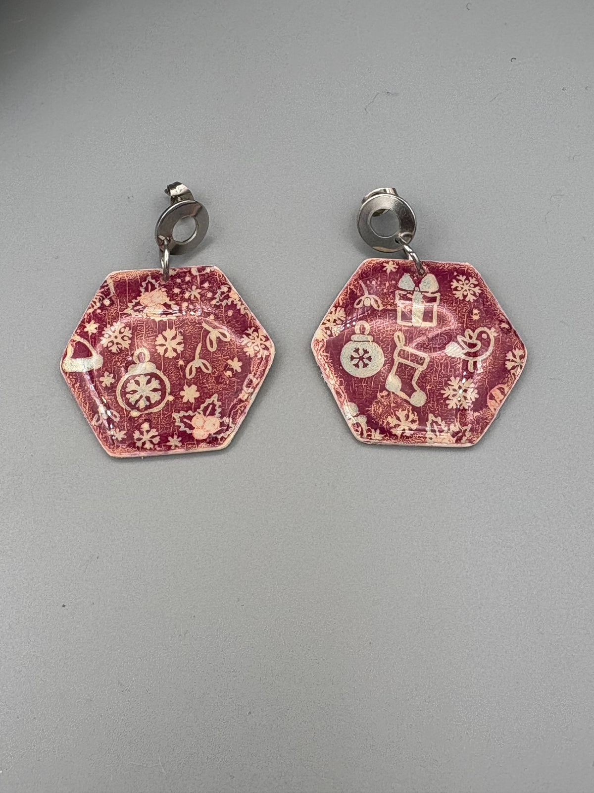 Red Christmas Pattern Hexagon Dangle Earrings - handcrafted polymer clay earrings by Lakeside Clay