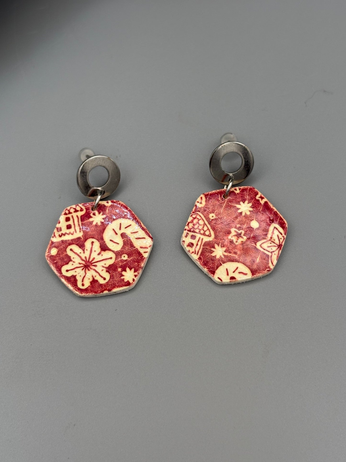 Red Christmas Pattern Hexagon Dangle Earrings - handcrafted polymer clay earrings by Lakeside Clay