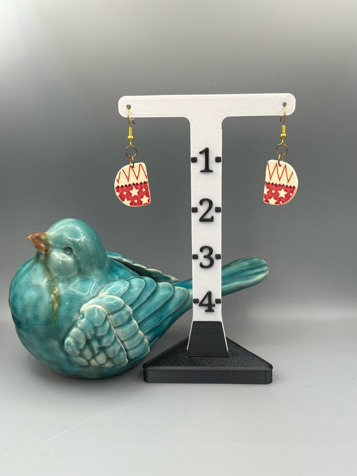 Holiday Pattern Semi Circle Dangle Earrings - handcrafted polymer clay earrings by Lakeside Clay