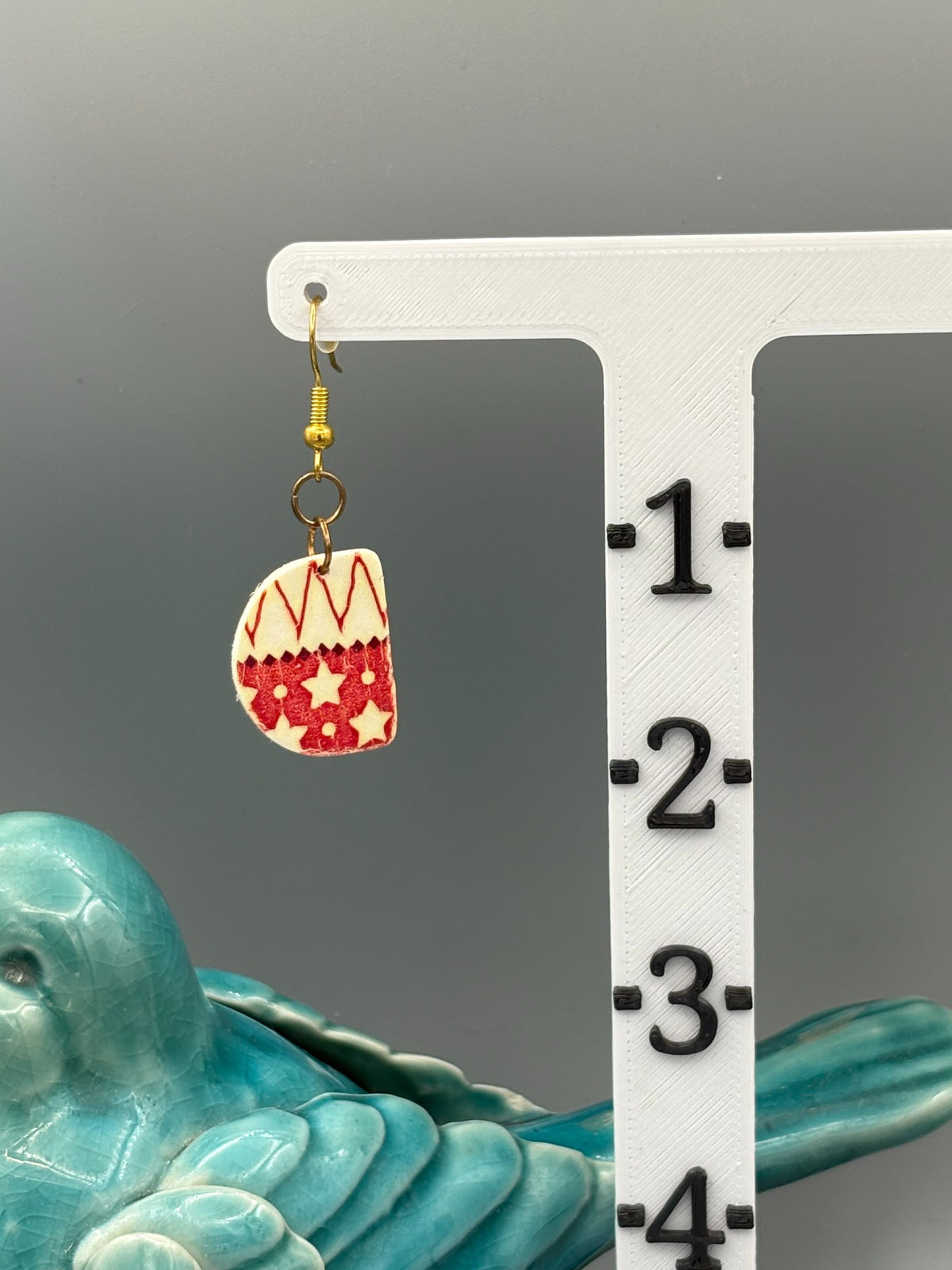 Holiday Pattern Semi Circle Dangle Earrings - handcrafted polymer clay earrings by Lakeside Clay