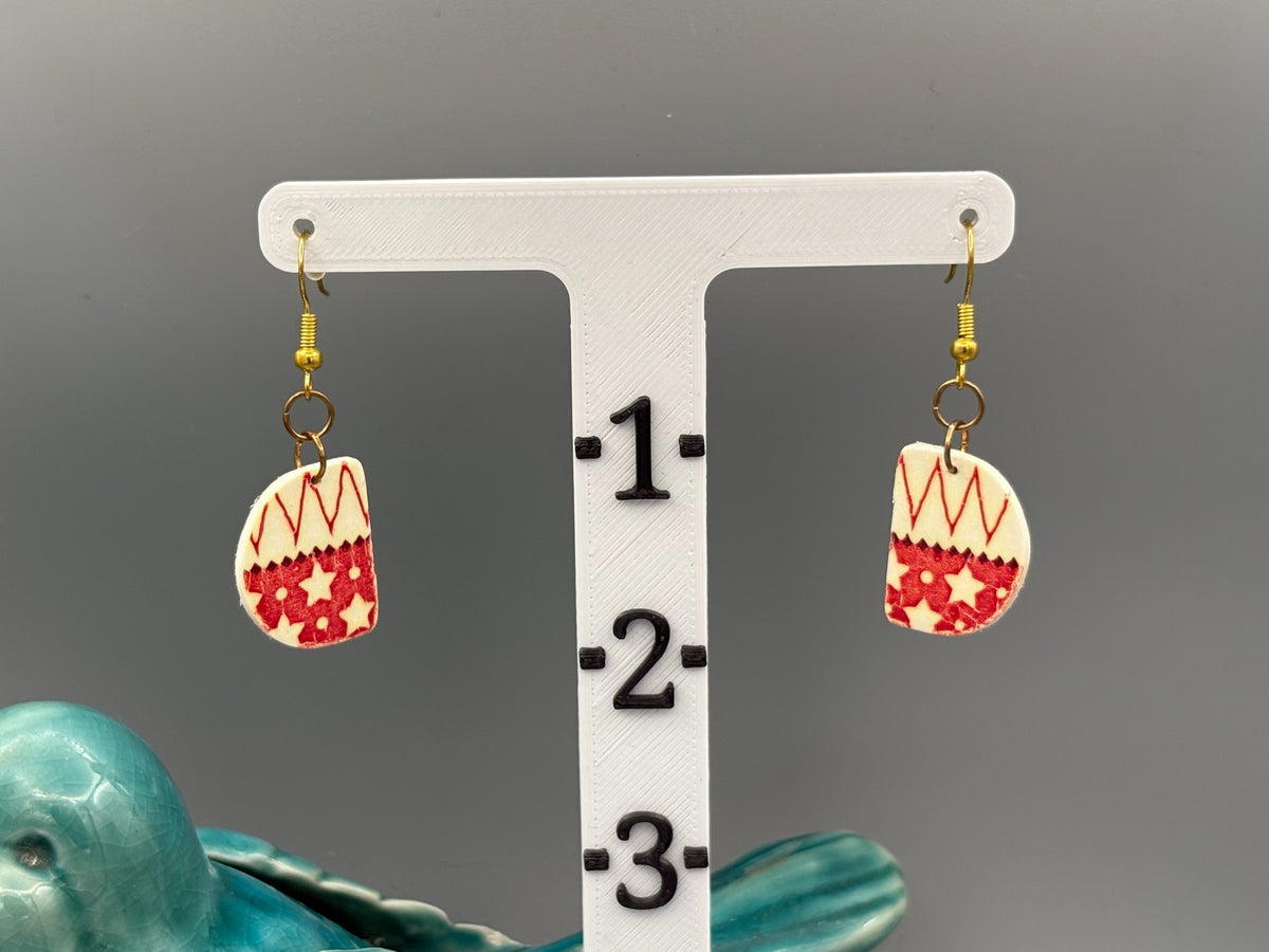 Holiday Pattern Semi Circle Dangle Earrings - handcrafted polymer clay earrings by Lakeside Clay