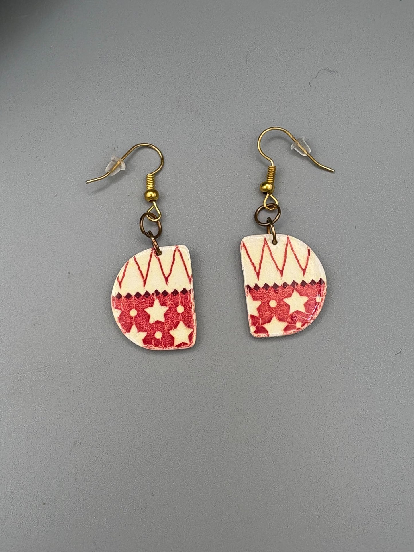 Holiday Pattern Semi Circle Dangle Earrings - handcrafted polymer clay earrings by Lakeside Clay