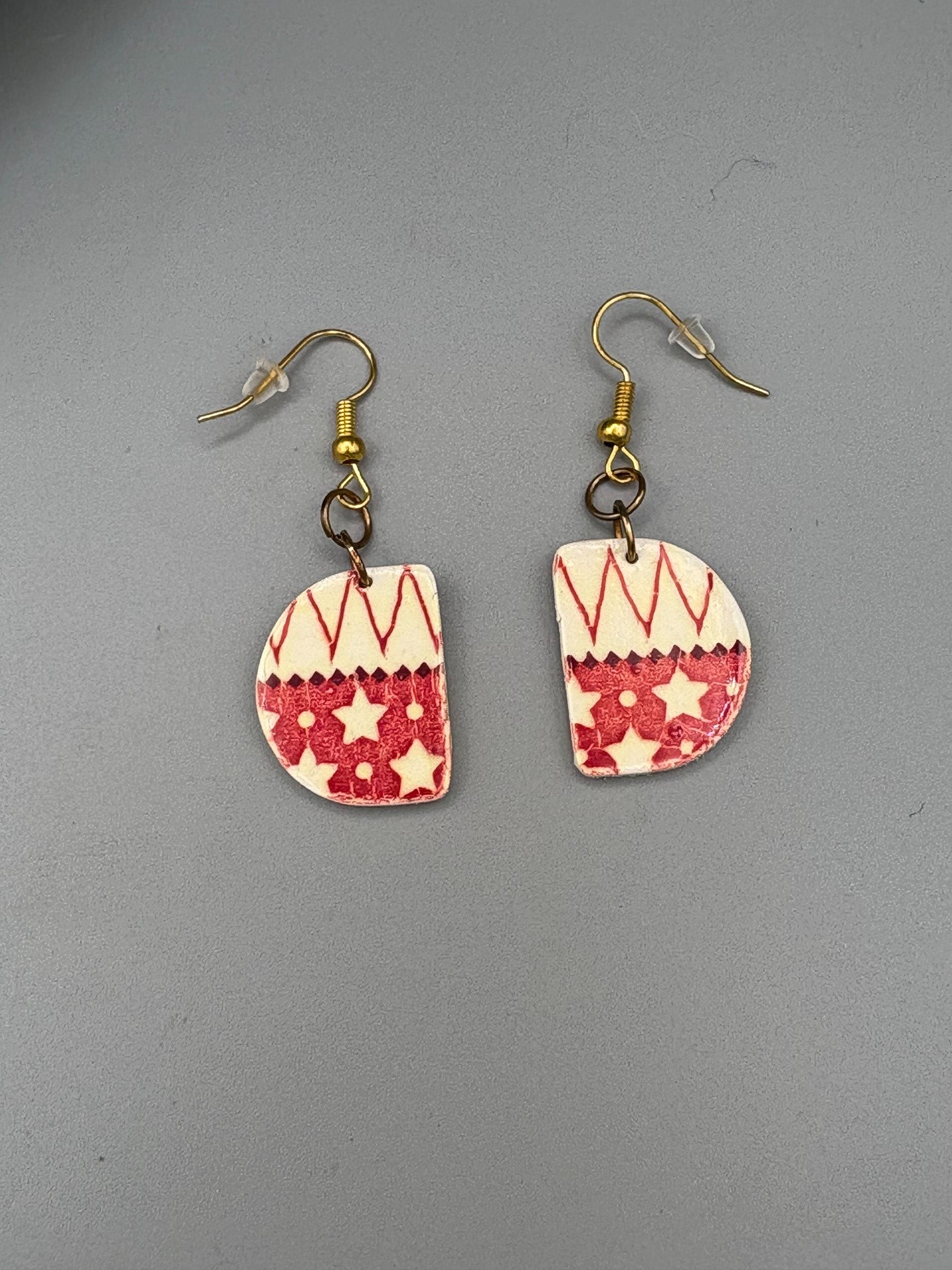 Holiday Pattern Semi Circle Dangle Earrings - handcrafted polymer clay earrings by Lakeside Clay