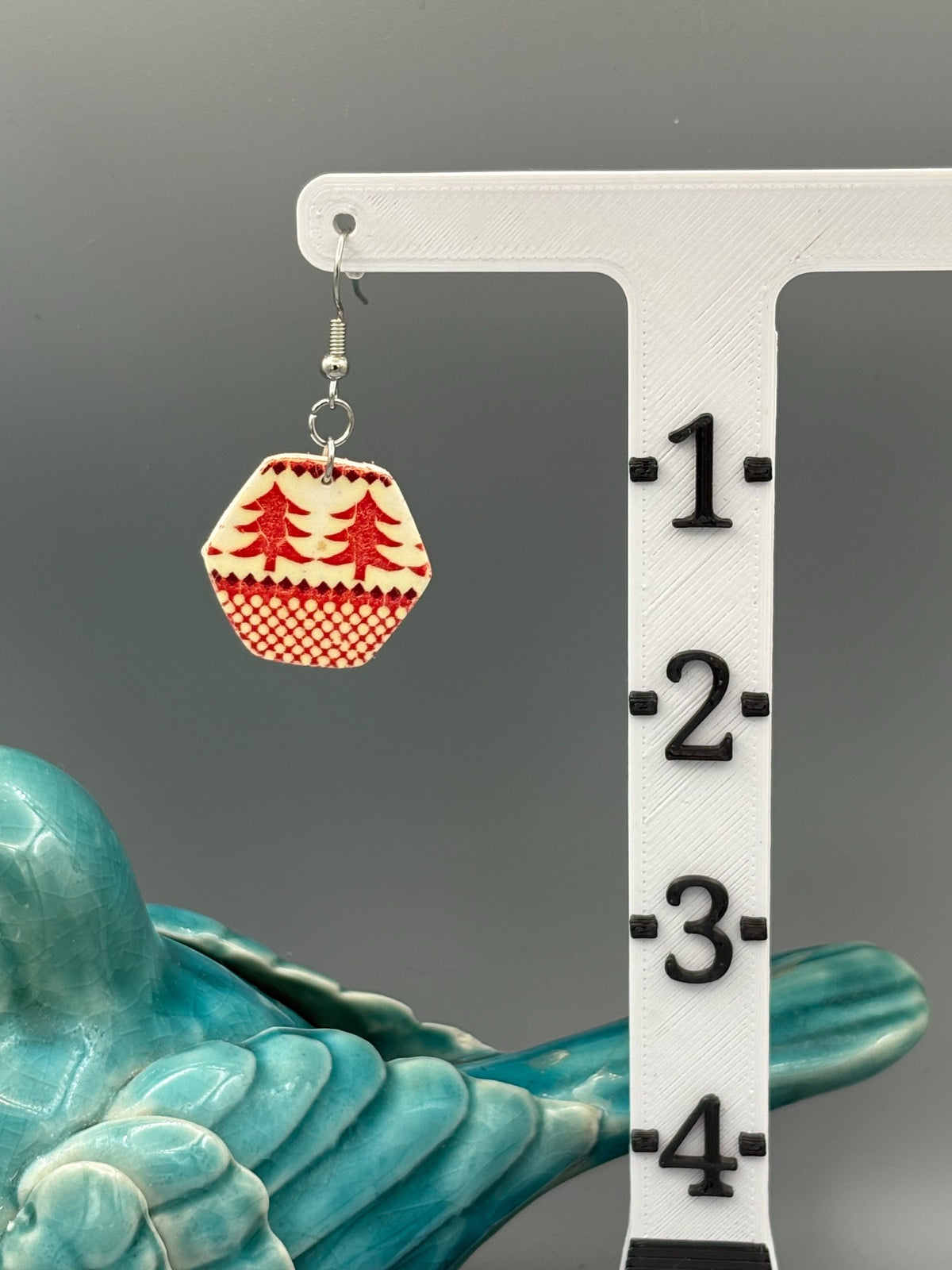 Holiday Pattern Hexagon Dangle Earrings - handcrafted polymer clay earrings by Lakeside Clay