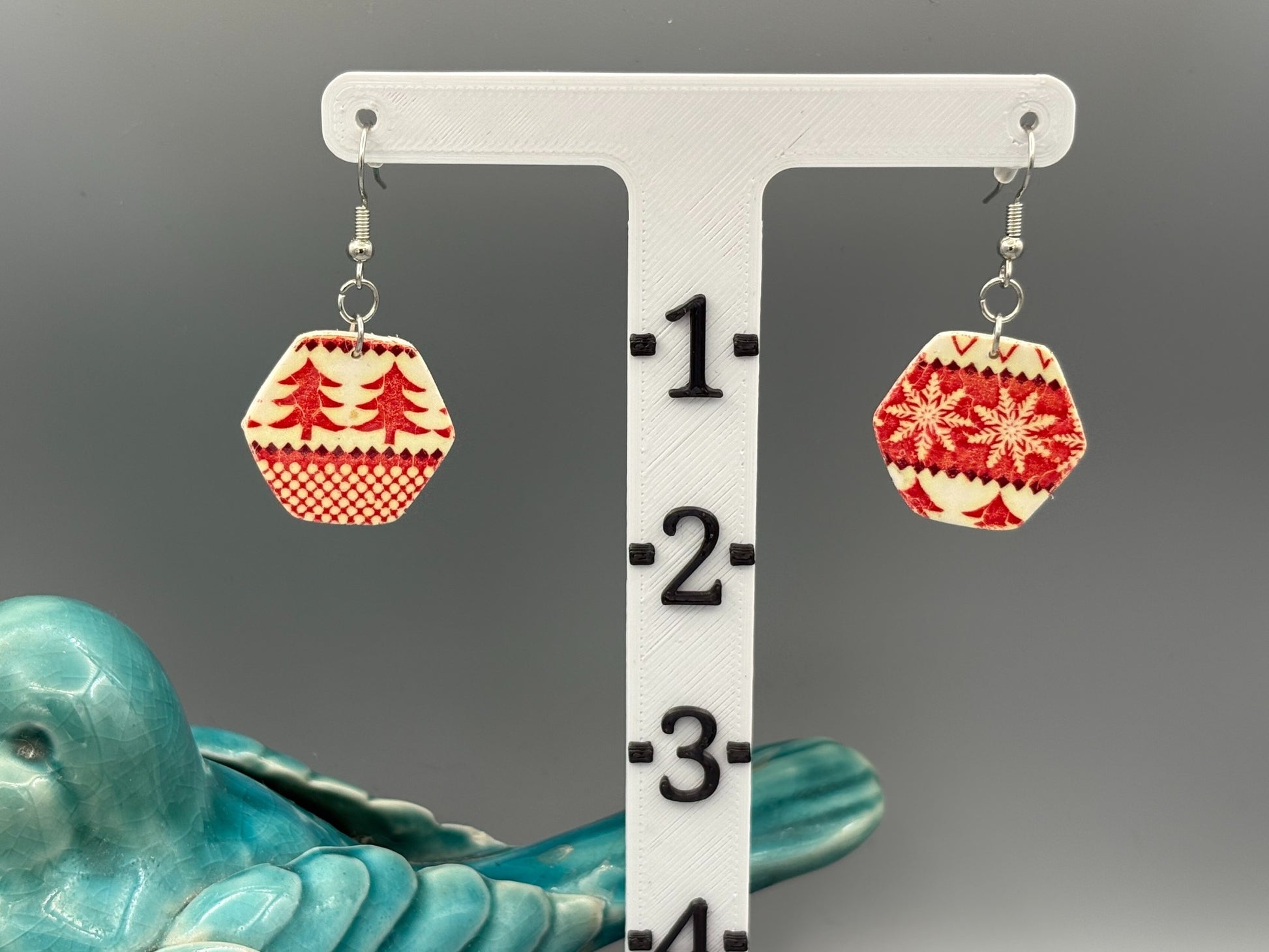Holiday Pattern Hexagon Dangle Earrings - handcrafted polymer clay earrings by Lakeside Clay