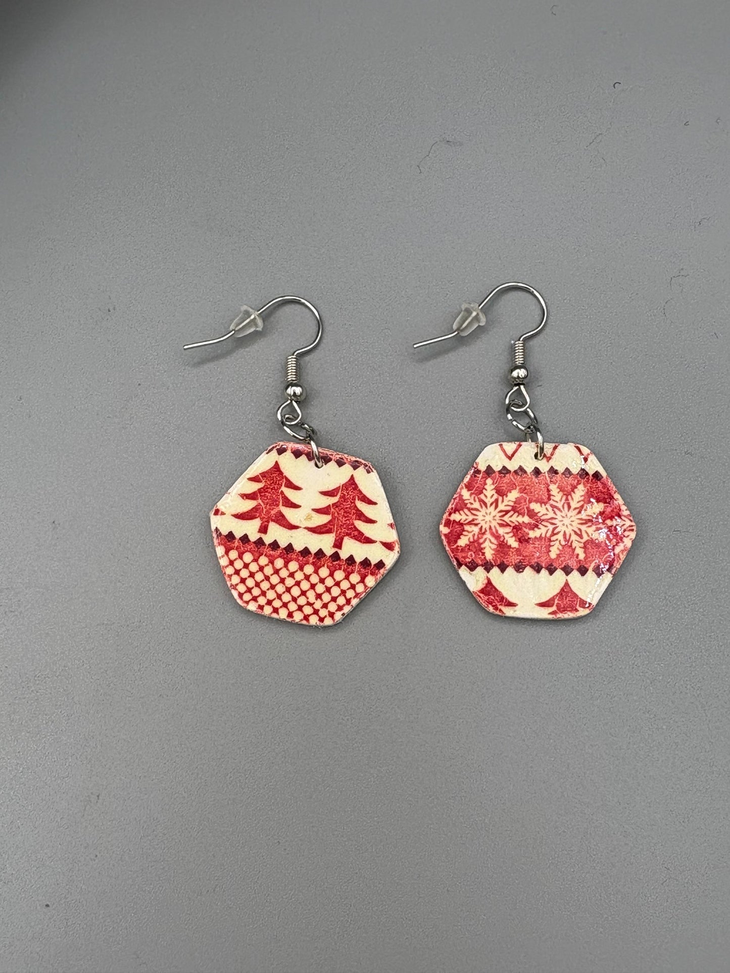 Holiday Pattern Hexagon Dangle Earrings - handcrafted polymer clay earrings by Lakeside Clay