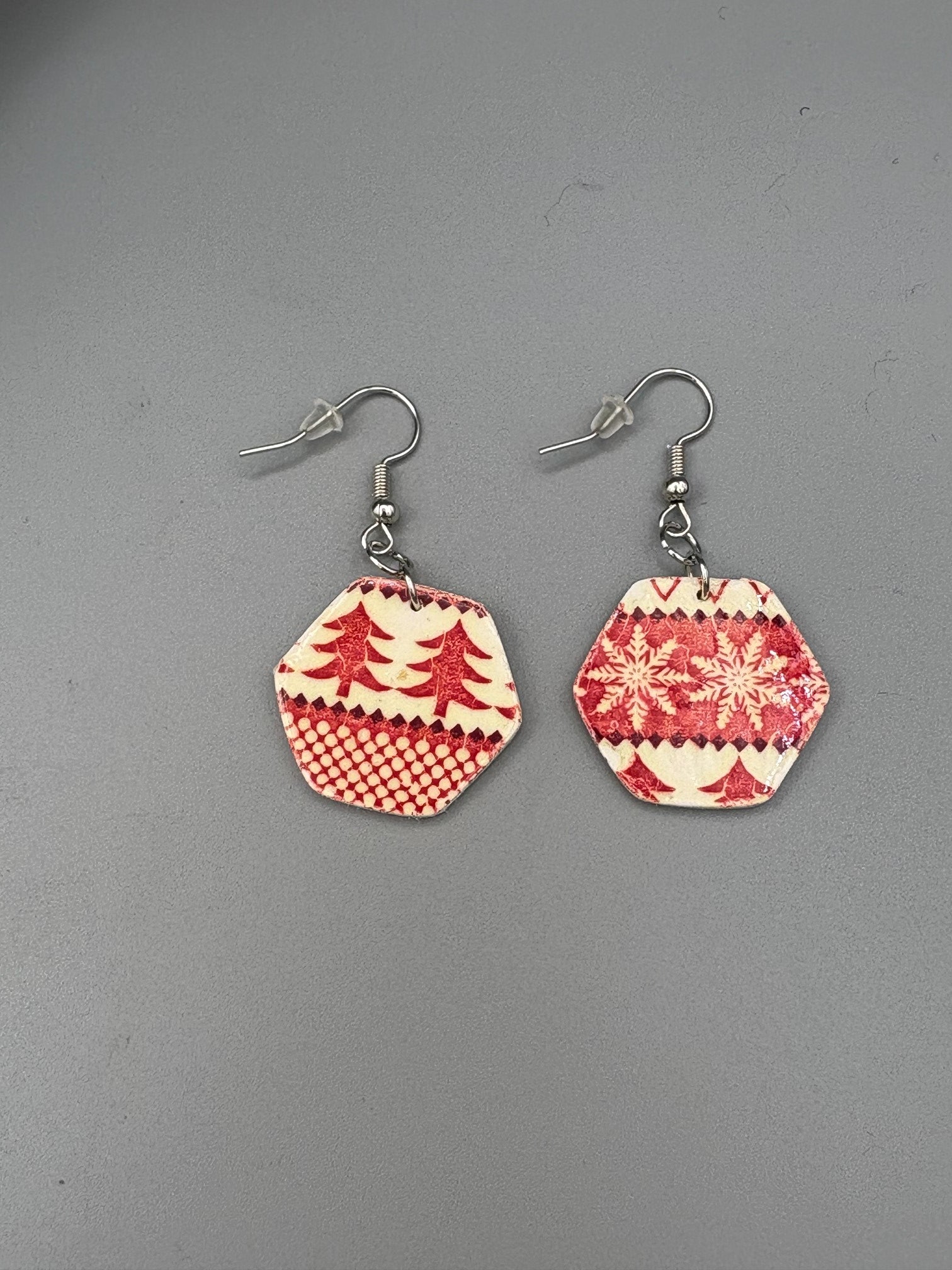 Holiday Pattern Hexagon Dangle Earrings - handcrafted polymer clay earrings by Lakeside Clay