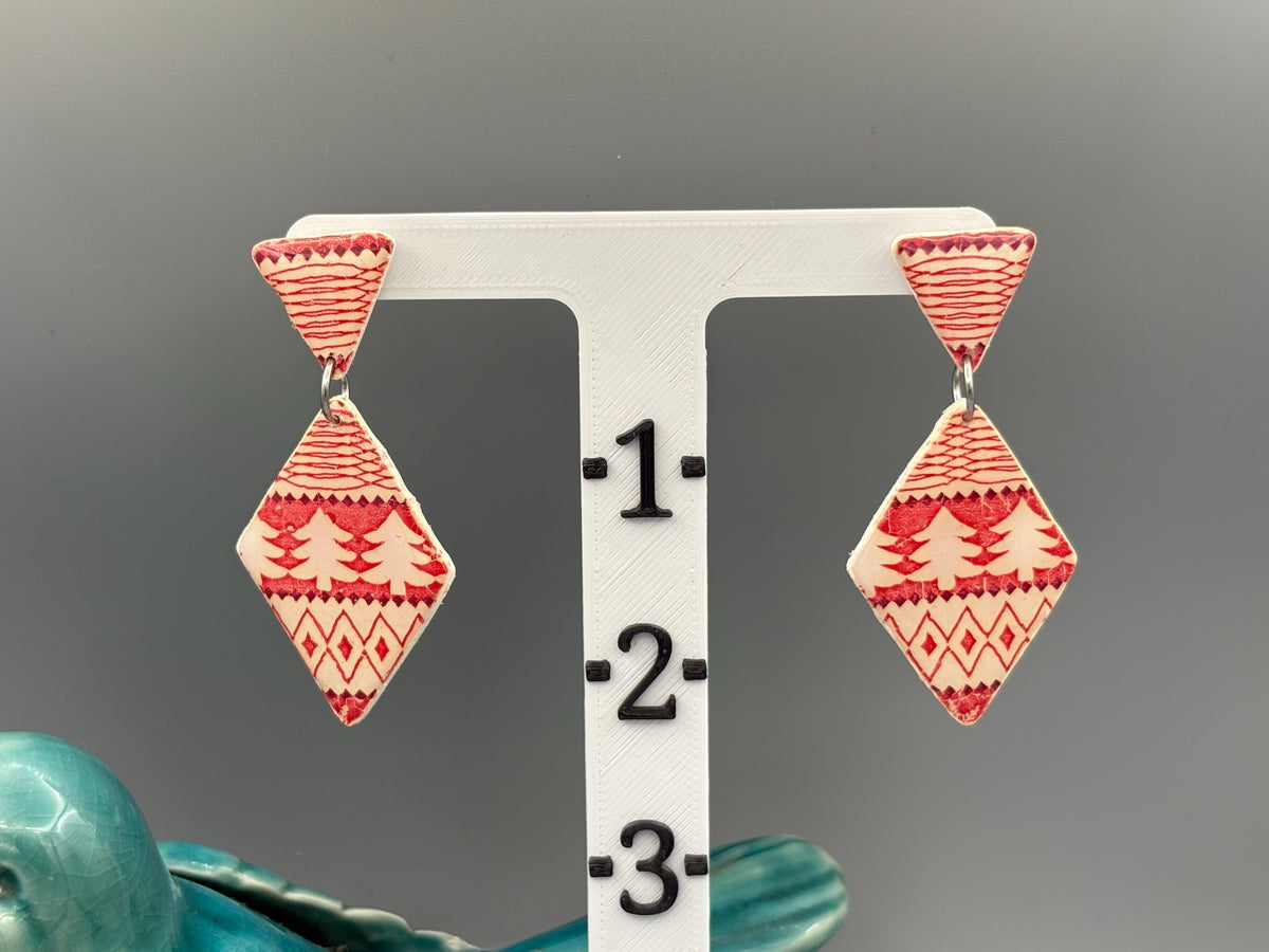 Christmas Pattern Diamond Dangle Earrings - handcrafted polymer clay earrings by Lakeside Clay