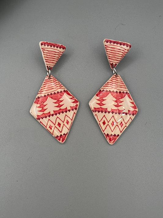 Christmas Pattern Diamond Dangle Earrings - handcrafted polymer clay earrings by Lakeside Clay