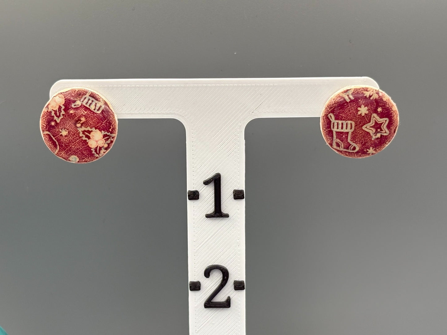 Red Christmas Pattern Circle Stud Earrings - handcrafted polymer clay earrings by Lakeside Clay