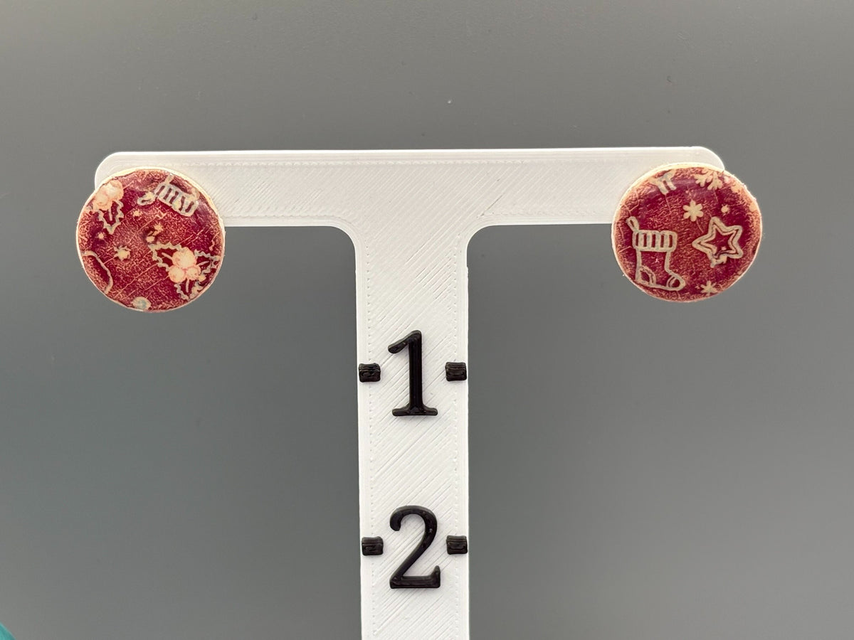 Red Christmas Pattern Circle Stud Earrings - handcrafted polymer clay earrings by Lakeside Clay