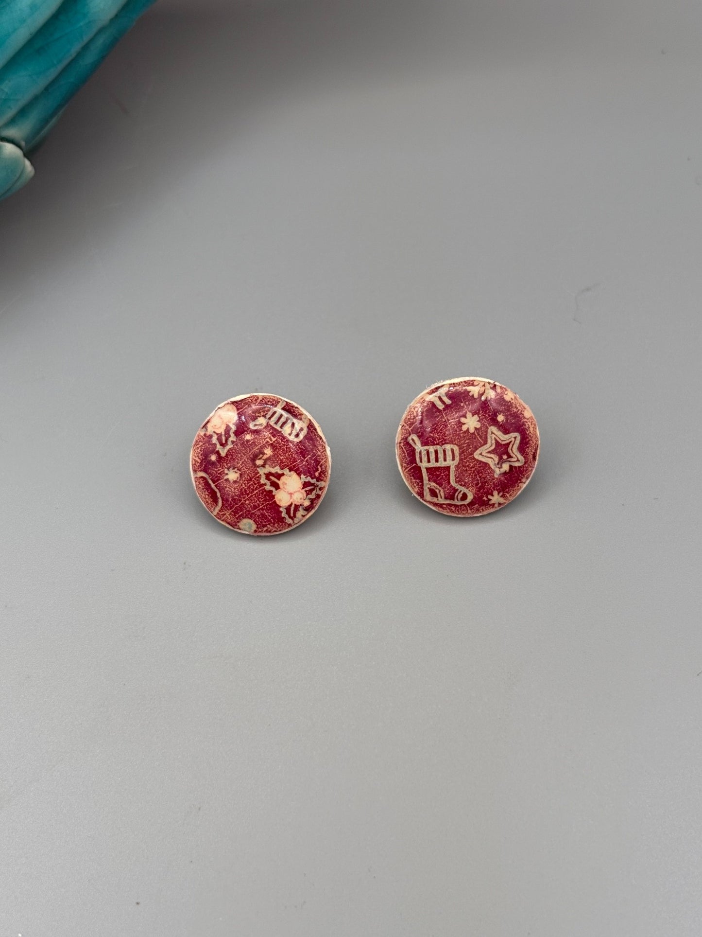 Red Christmas Pattern Circle Stud Earrings - handcrafted polymer clay earrings by Lakeside Clay