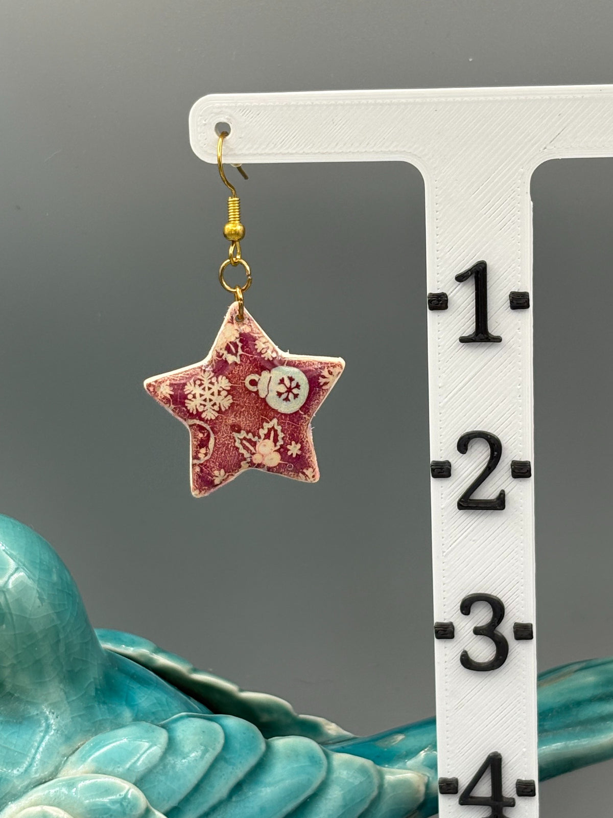 Red Christmas Pattern Star Dangle Earrings - handcrafted polymer clay earrings by Lakeside Clay