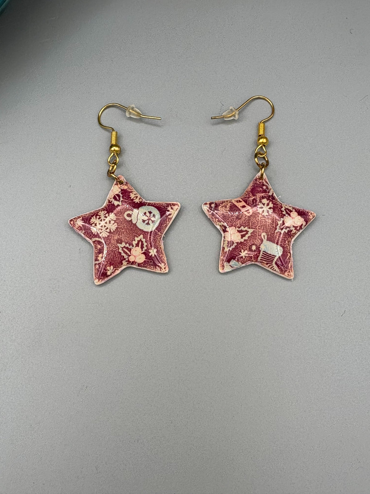 Red Christmas Pattern Star Dangle Earrings - handcrafted polymer clay earrings by Lakeside Clay