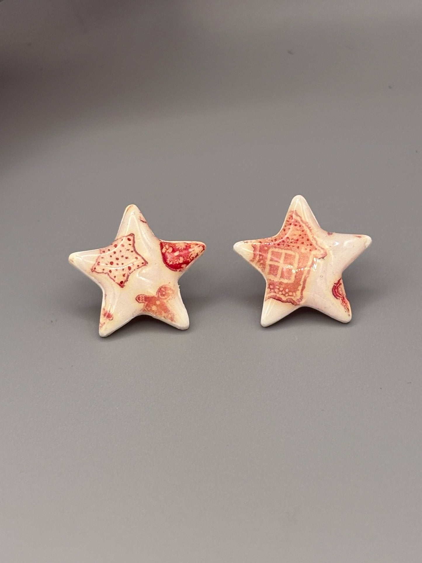 Red & White Christmas Star Stud Earrings - handcrafted polymer clay earrings by Lakeside Clay