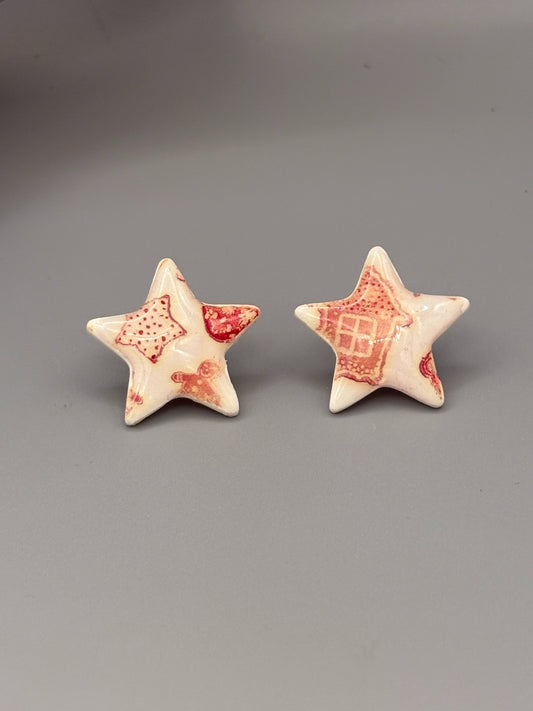 Red & White Christmas Star Stud Earrings - handcrafted polymer clay earrings by Lakeside Clay