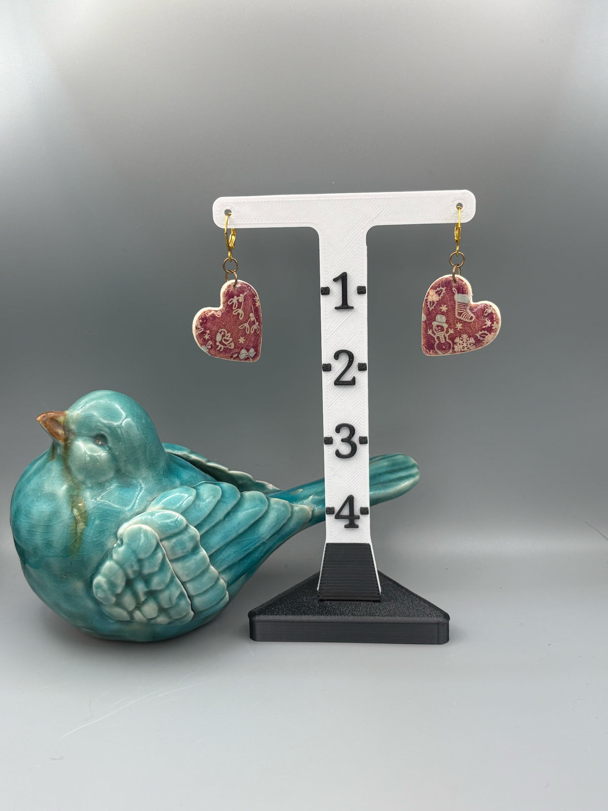 Christmas Pattern Heart Dangle Earrings - handcrafted polymer clay earrings by Lakeside Clay