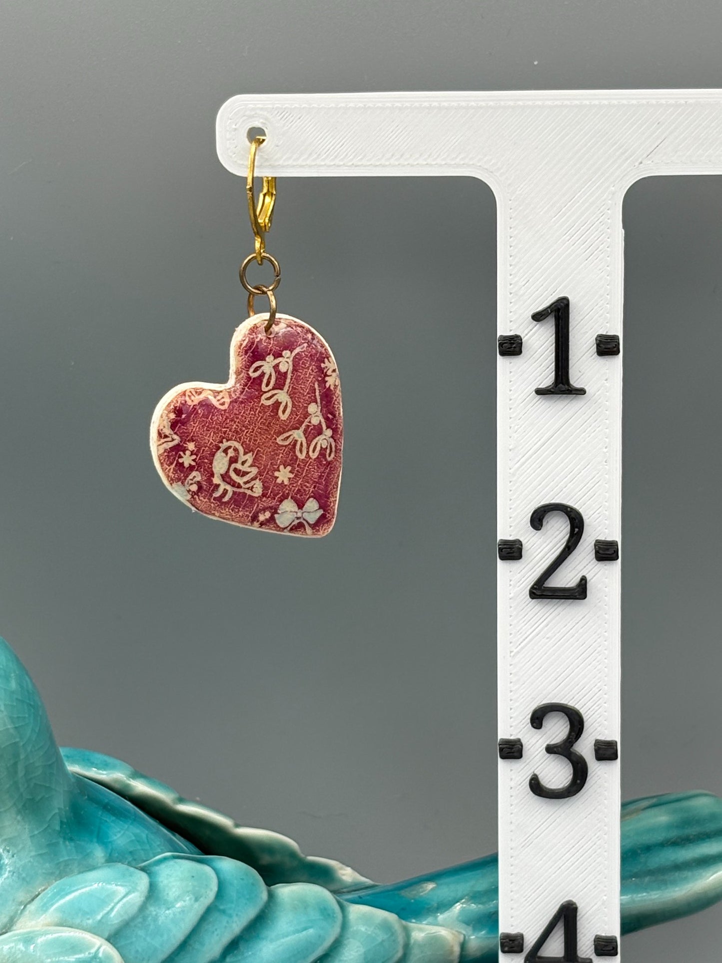 Christmas Pattern Heart Dangle Earrings - handcrafted polymer clay earrings by Lakeside Clay