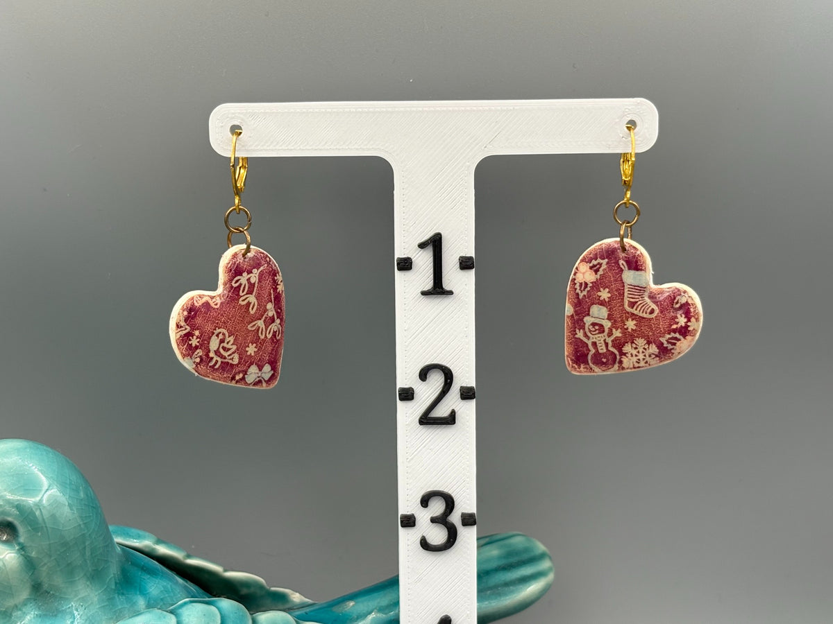 Christmas Pattern Heart Dangle Earrings - handcrafted polymer clay earrings by Lakeside Clay
