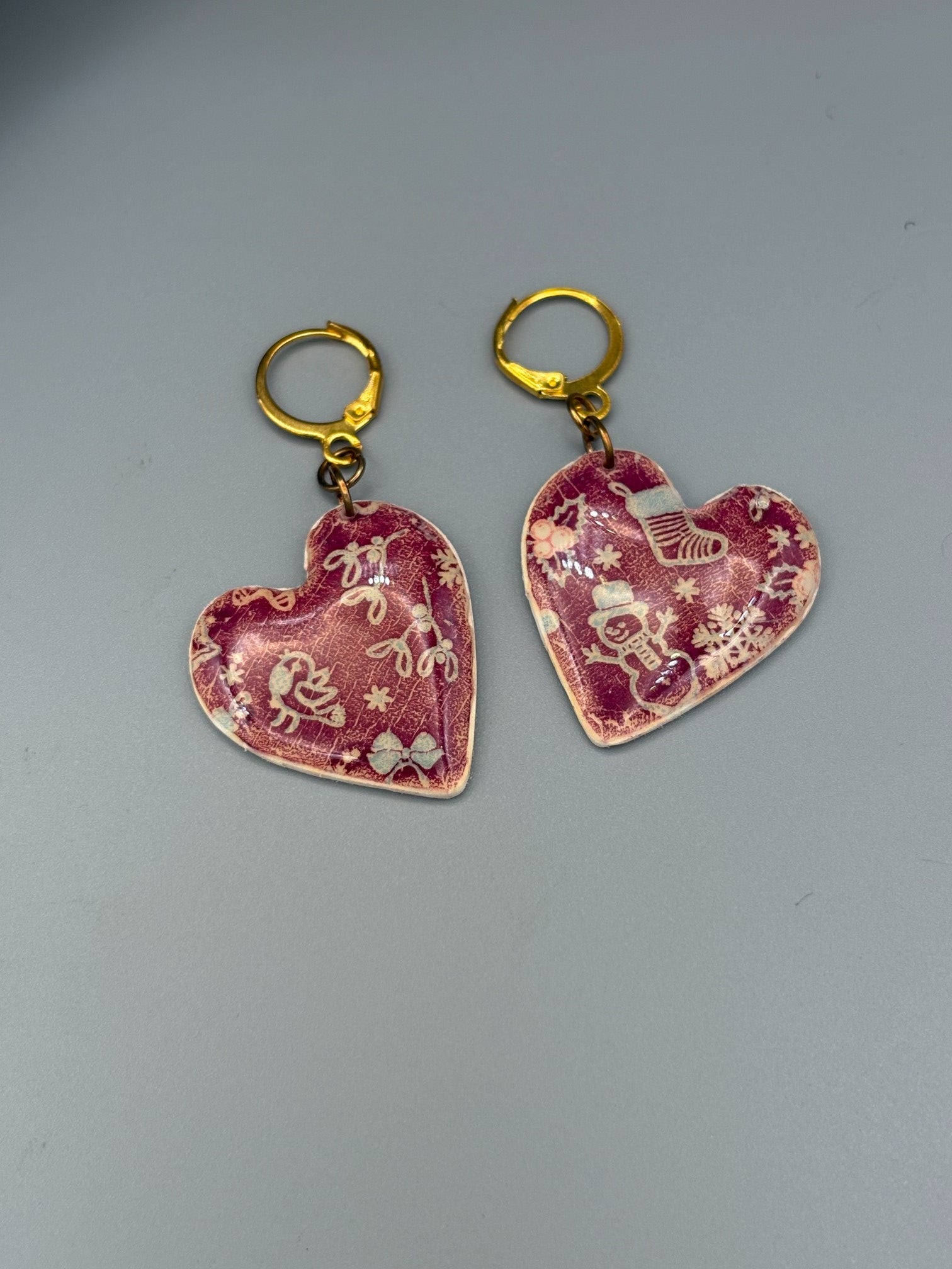 Christmas Pattern Heart Dangle Earrings - handcrafted polymer clay earrings by Lakeside Clay